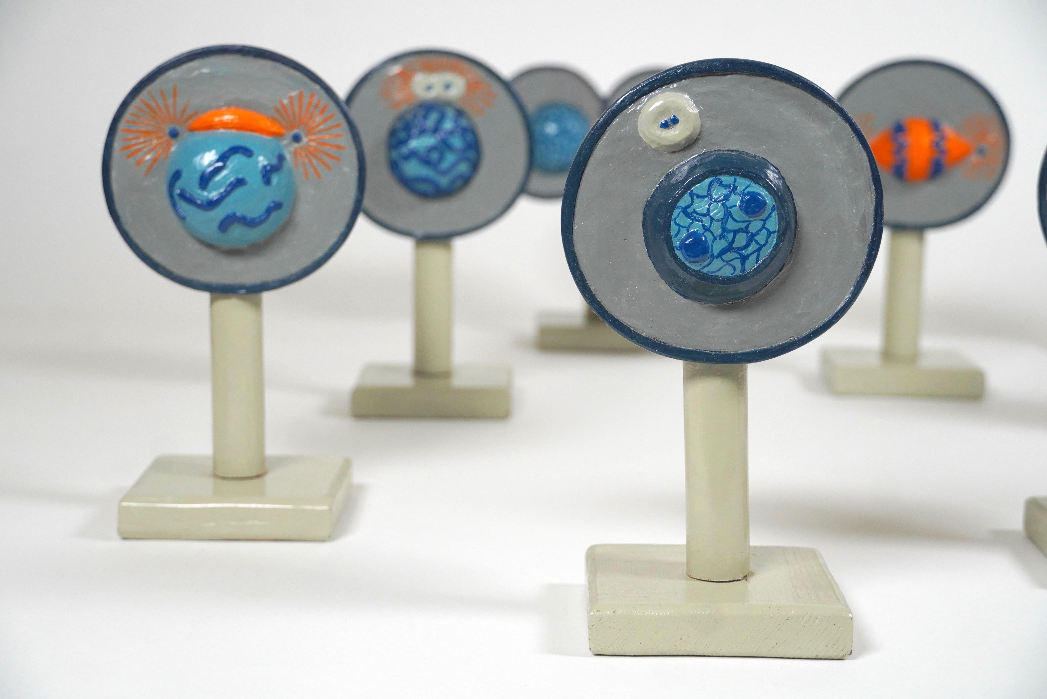 Vintage handmade 1960s scientific plaster and wood models showing the different stages of mitosis (cell division), this set shows the 5 phases, prophase, prometaphase, metaphase, anaphase, telophase and cytokinesis. The plaster forms are painted in