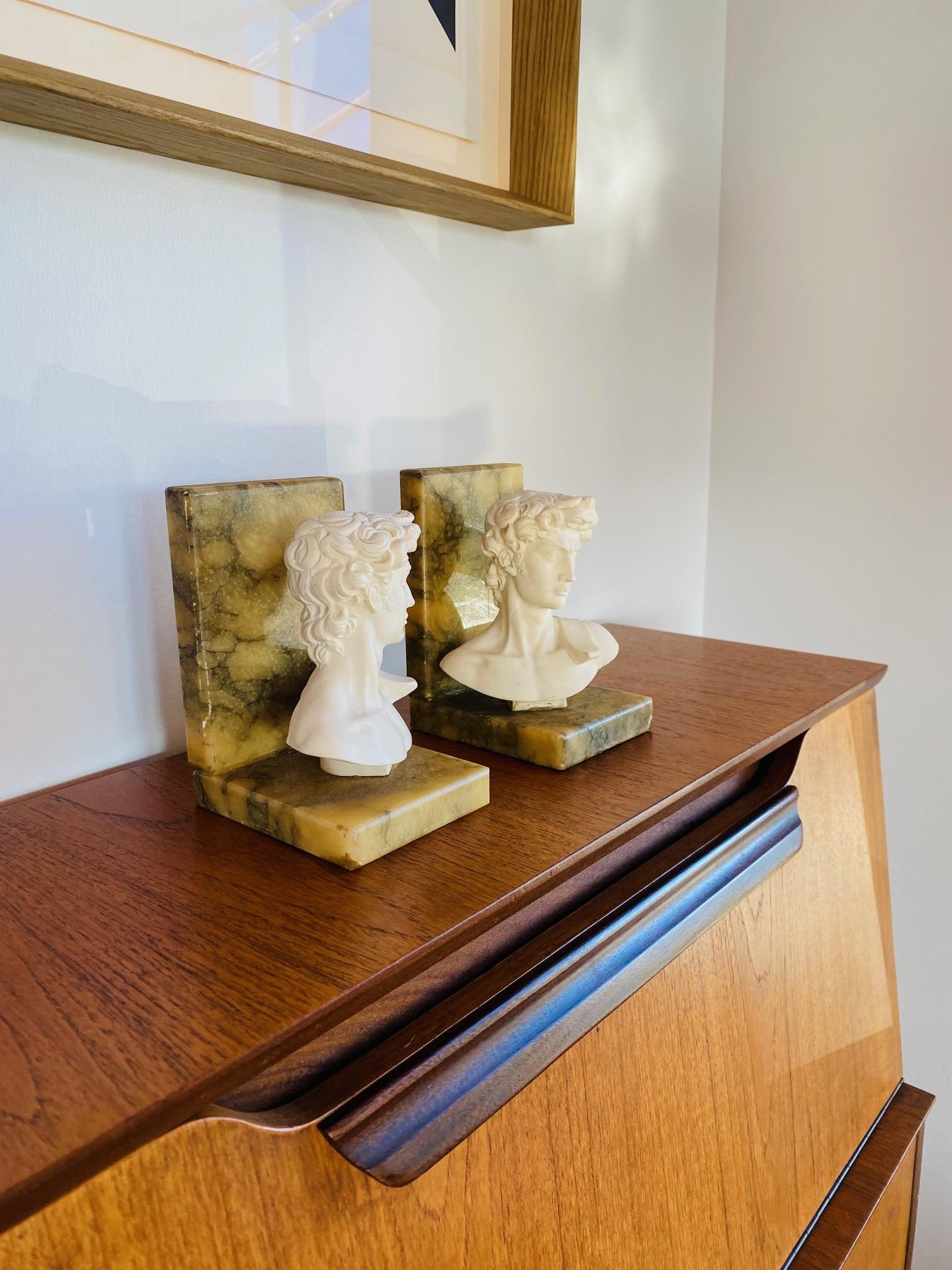 Empire Revival Set of Vintage Alabaster Marble Hellenistic Bust Bookends From Italy For Sale