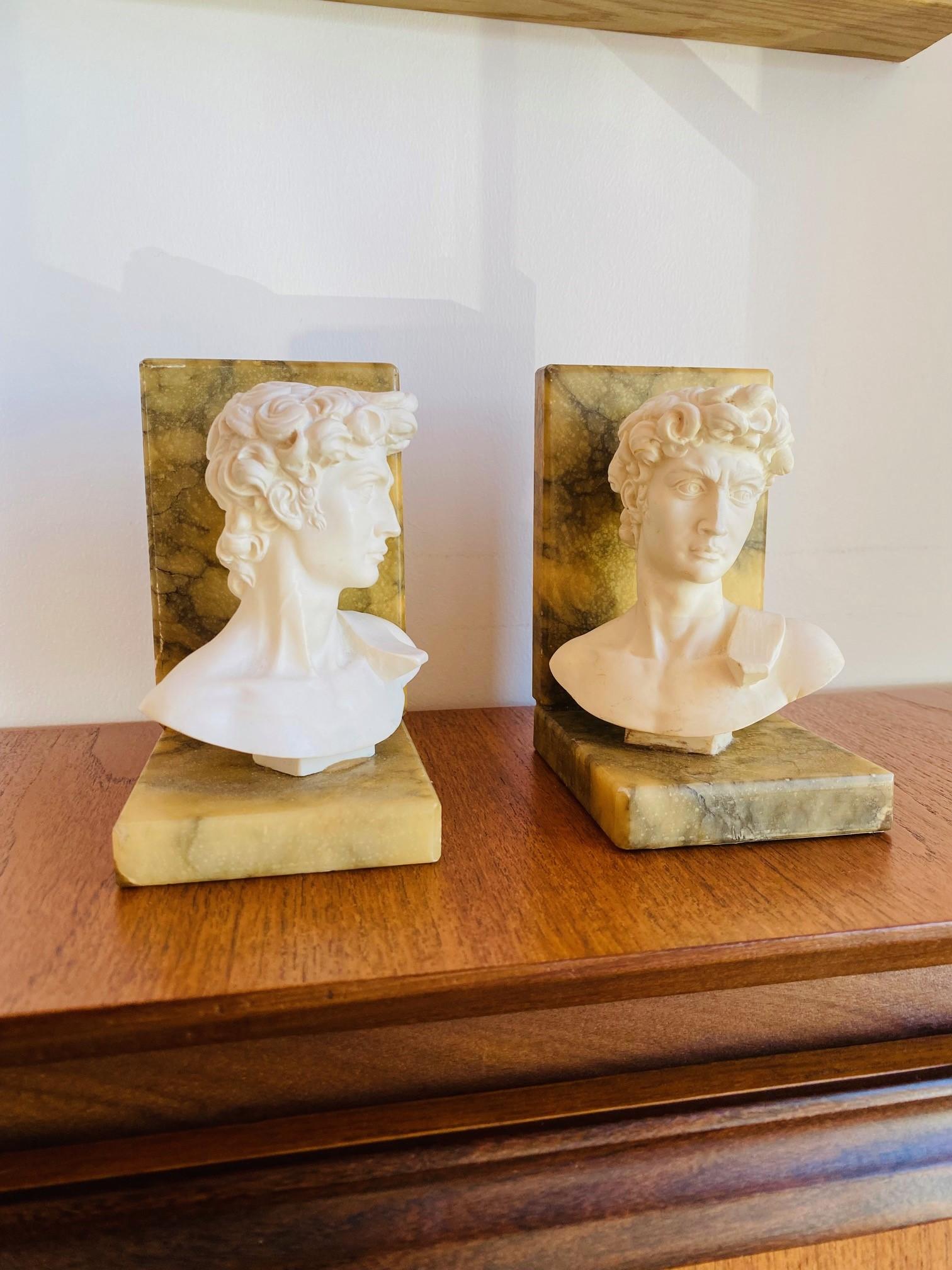 Italian Set of Vintage Alabaster Marble Hellenistic Bust Bookends From Italy For Sale