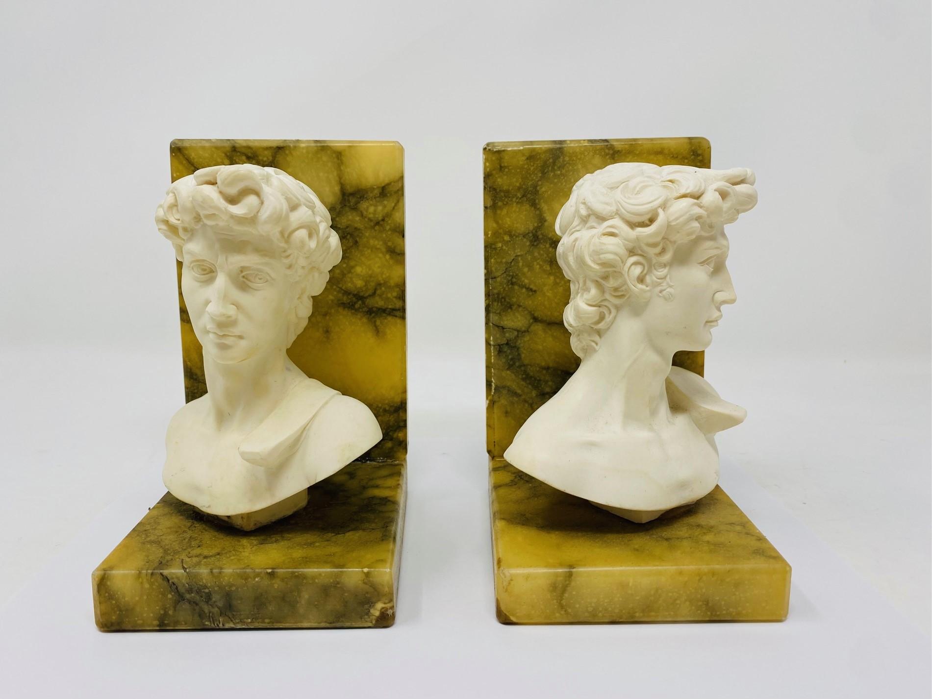 Set of Vintage Alabaster Marble Hellenistic Bust Bookends From Italy In Good Condition For Sale In San Diego, CA