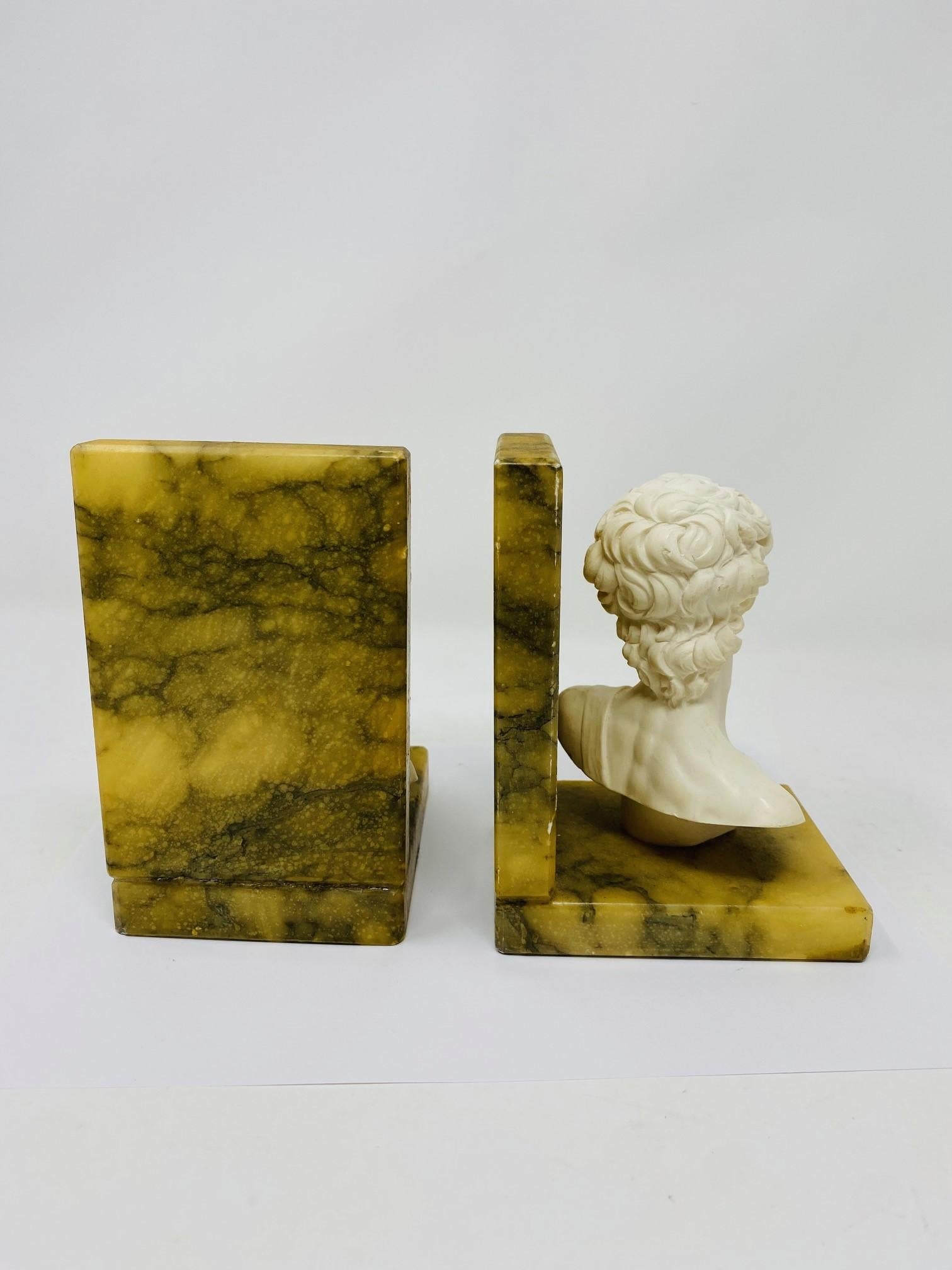 Mid-20th Century Set of Vintage Alabaster Marble Hellenistic Bust Bookends From Italy For Sale