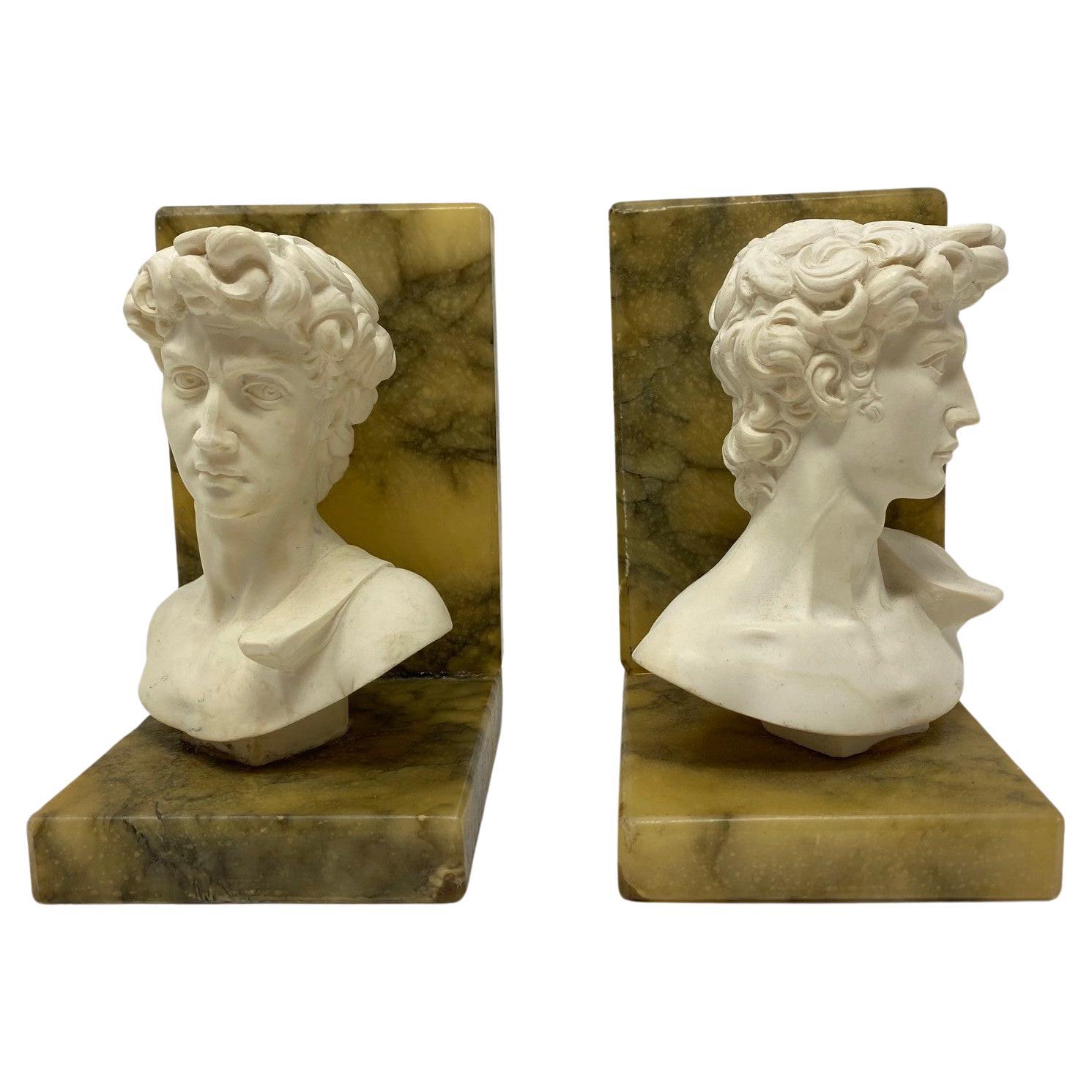 Set of Vintage Alabaster Marble Hellenistic Bust Bookends From Italy For Sale