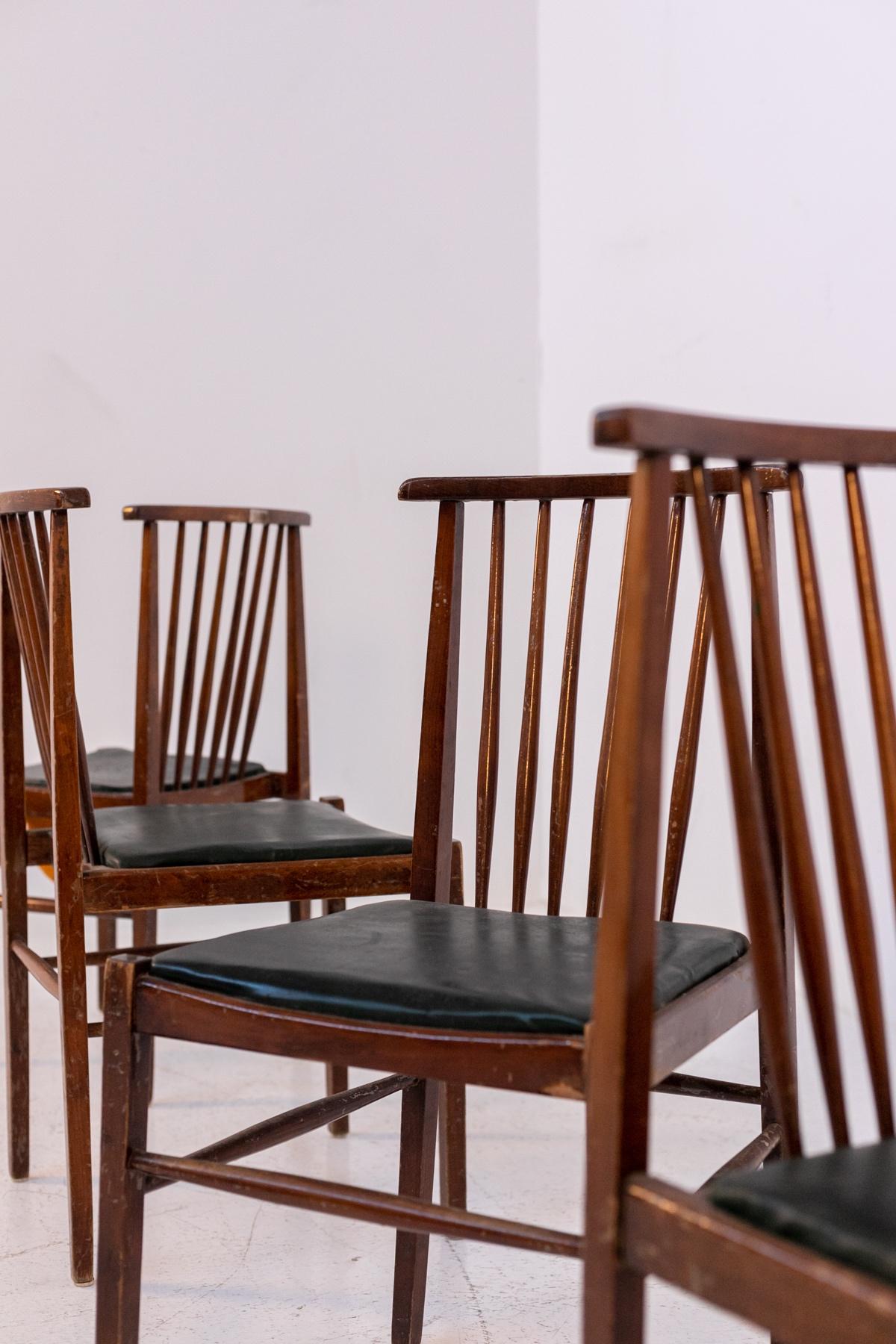 Mid-Century Modern Set of Vintage American Leather and Wood Chairs For Sale
