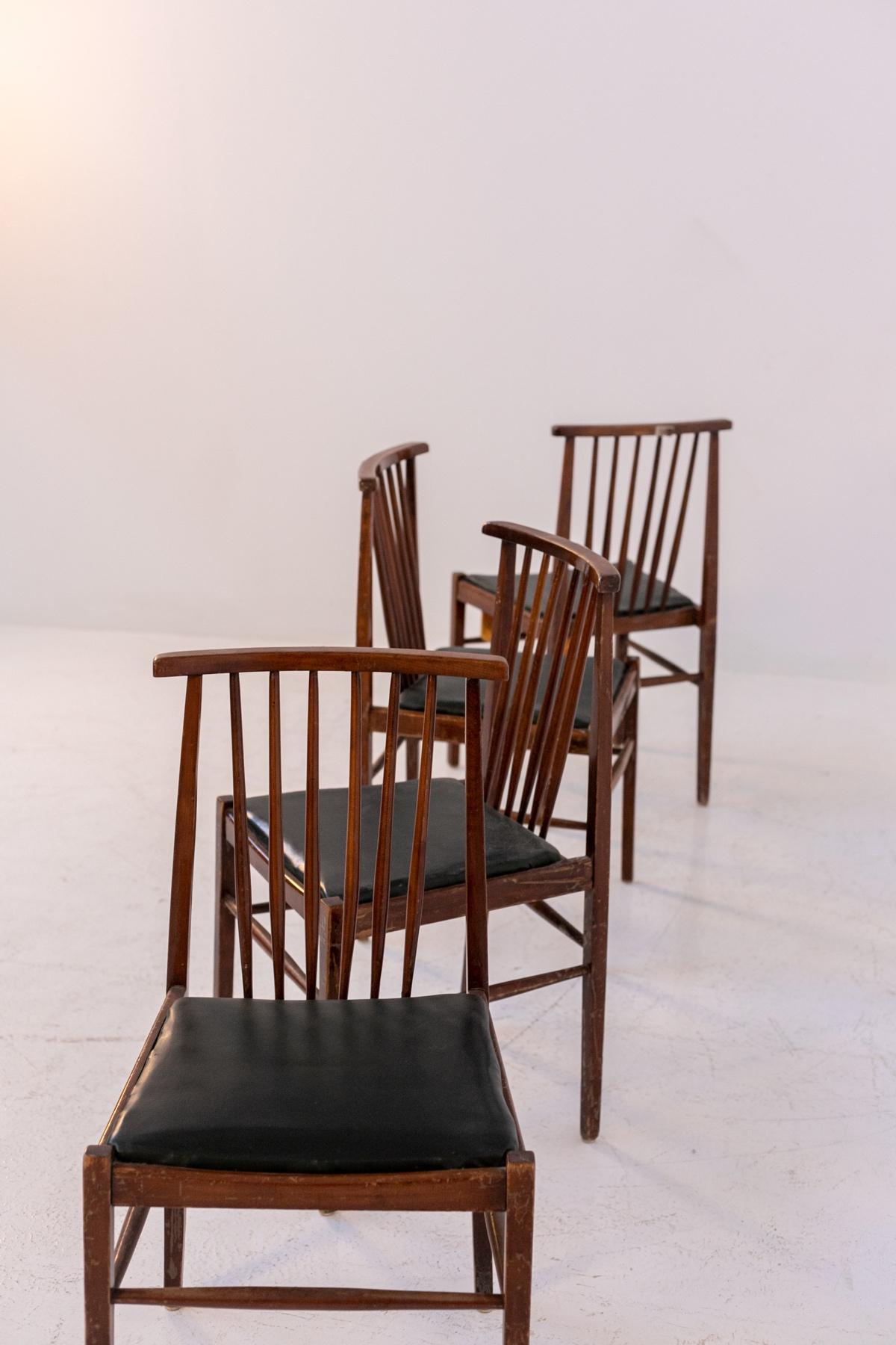 Mid-20th Century Set of Vintage American Leather and Wood Chairs For Sale