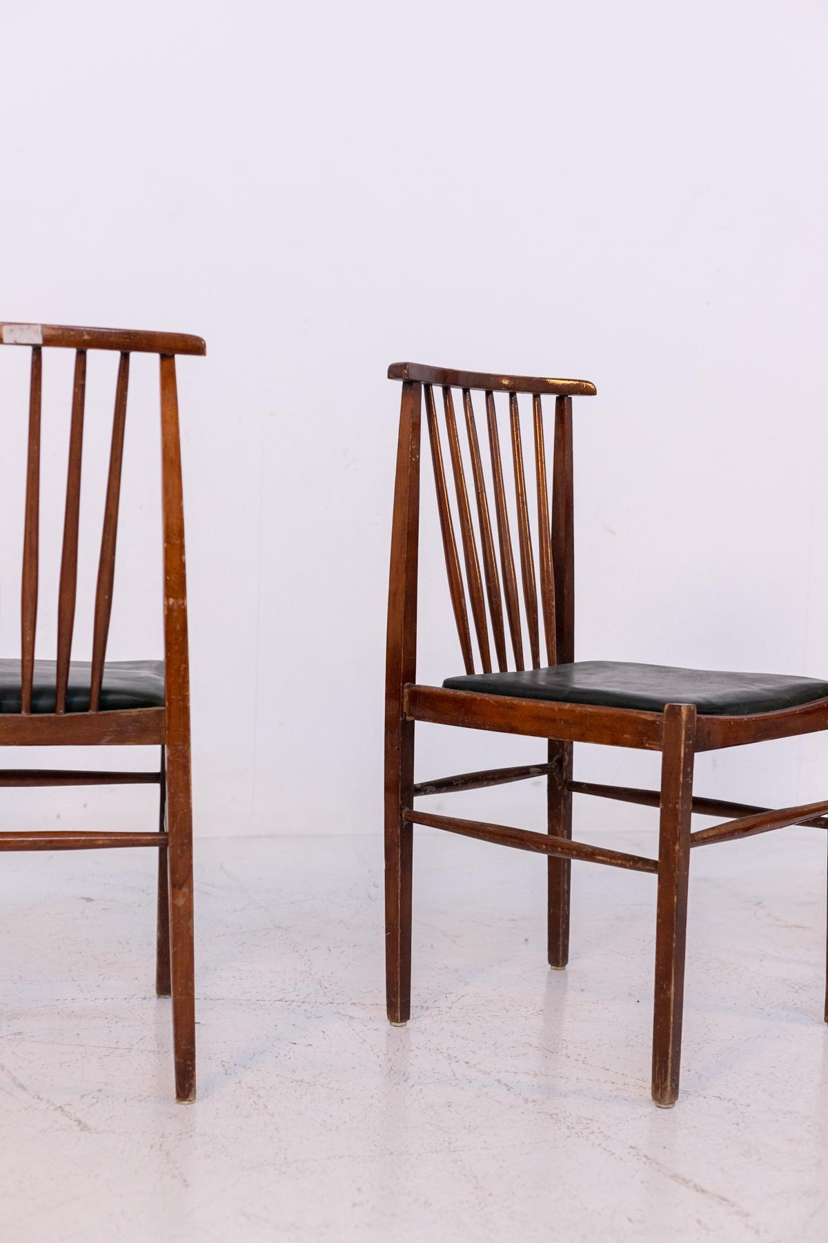 Set of Vintage American Leather and Wood Chairs For Sale 1