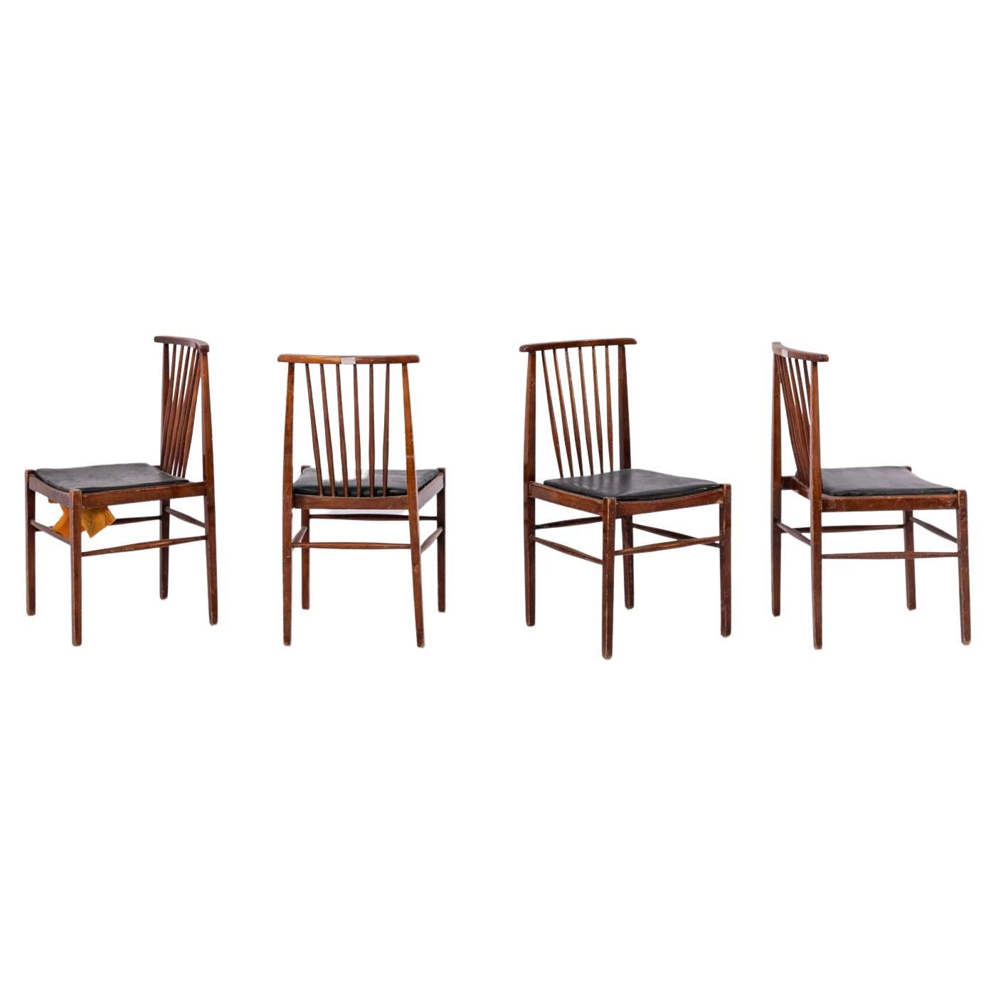 Set of Vintage American Leather and Wood Chairs For Sale