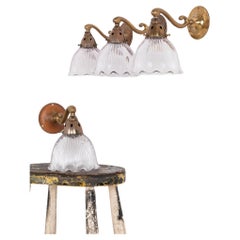 Set of Vintage Antique Brass GEC Holophane Glass Wall Lamp Sconce Light c.1930