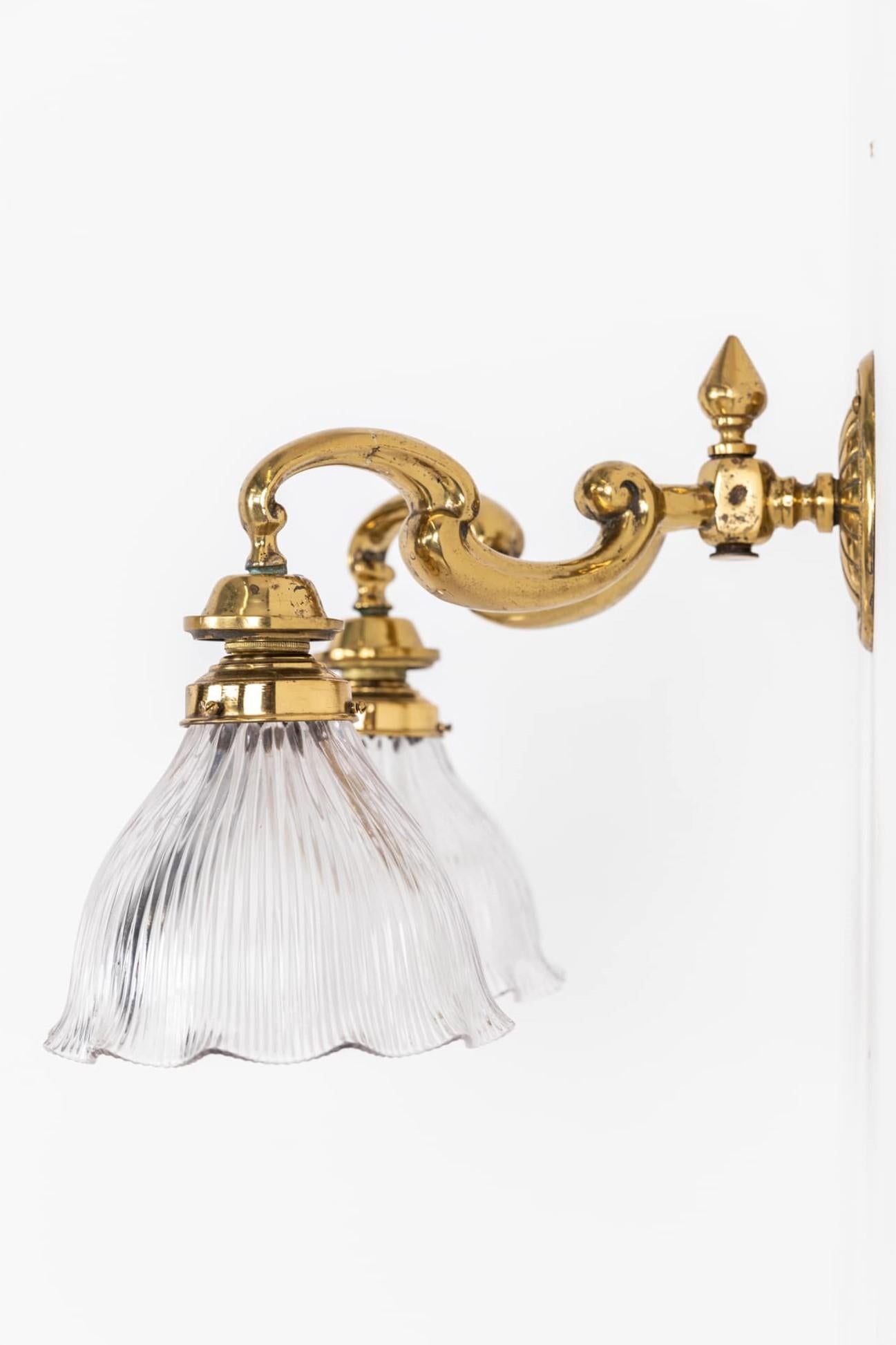 Set of Vintage Antique Brass GEC Holophane Wall Lamp Sconce Light c.1930 1