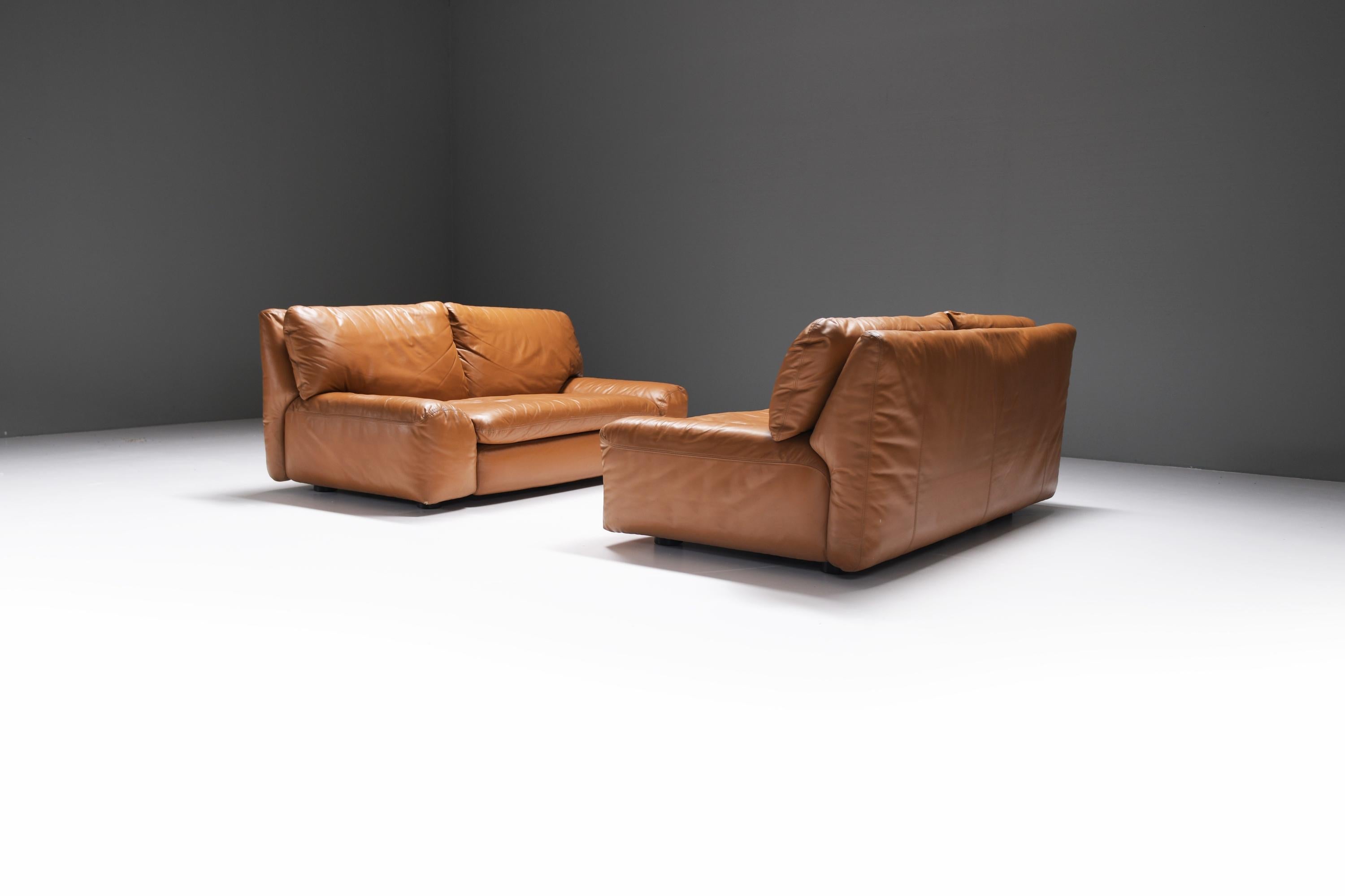 Italian Set of vintage Bengodi sofas in cognac leather by Cini Boeri for Arflex Italy