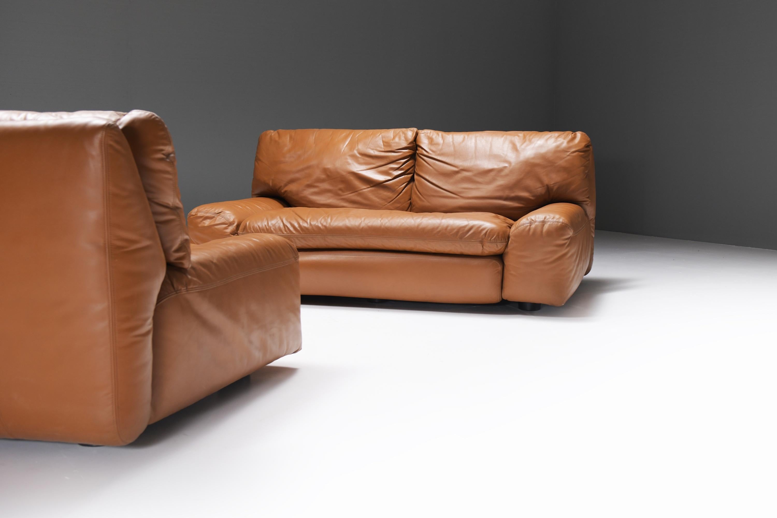20th Century Set of vintage Bengodi sofas in cognac leather by Cini Boeri for Arflex Italy