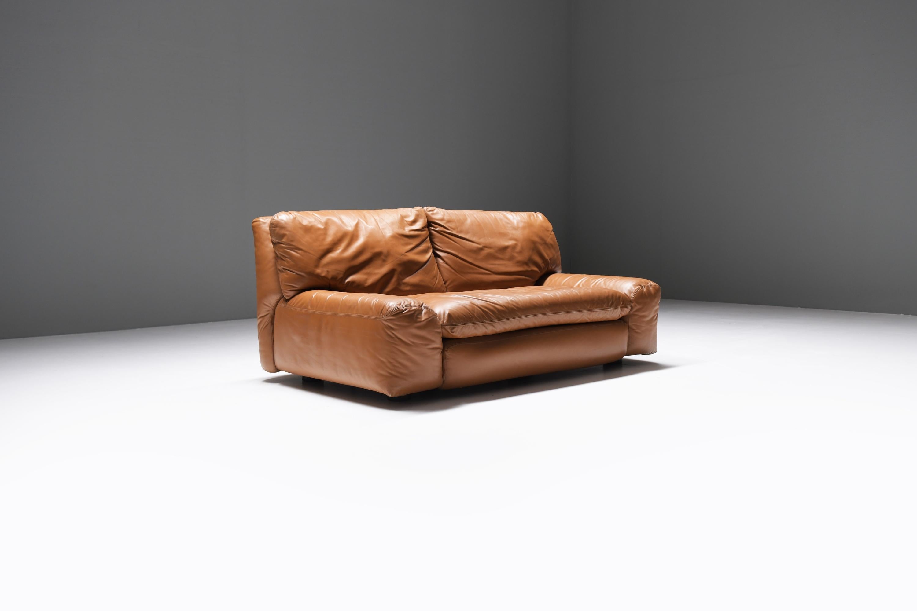 Set of vintage Bengodi sofas in cognac leather by Cini Boeri for Arflex Italy 2