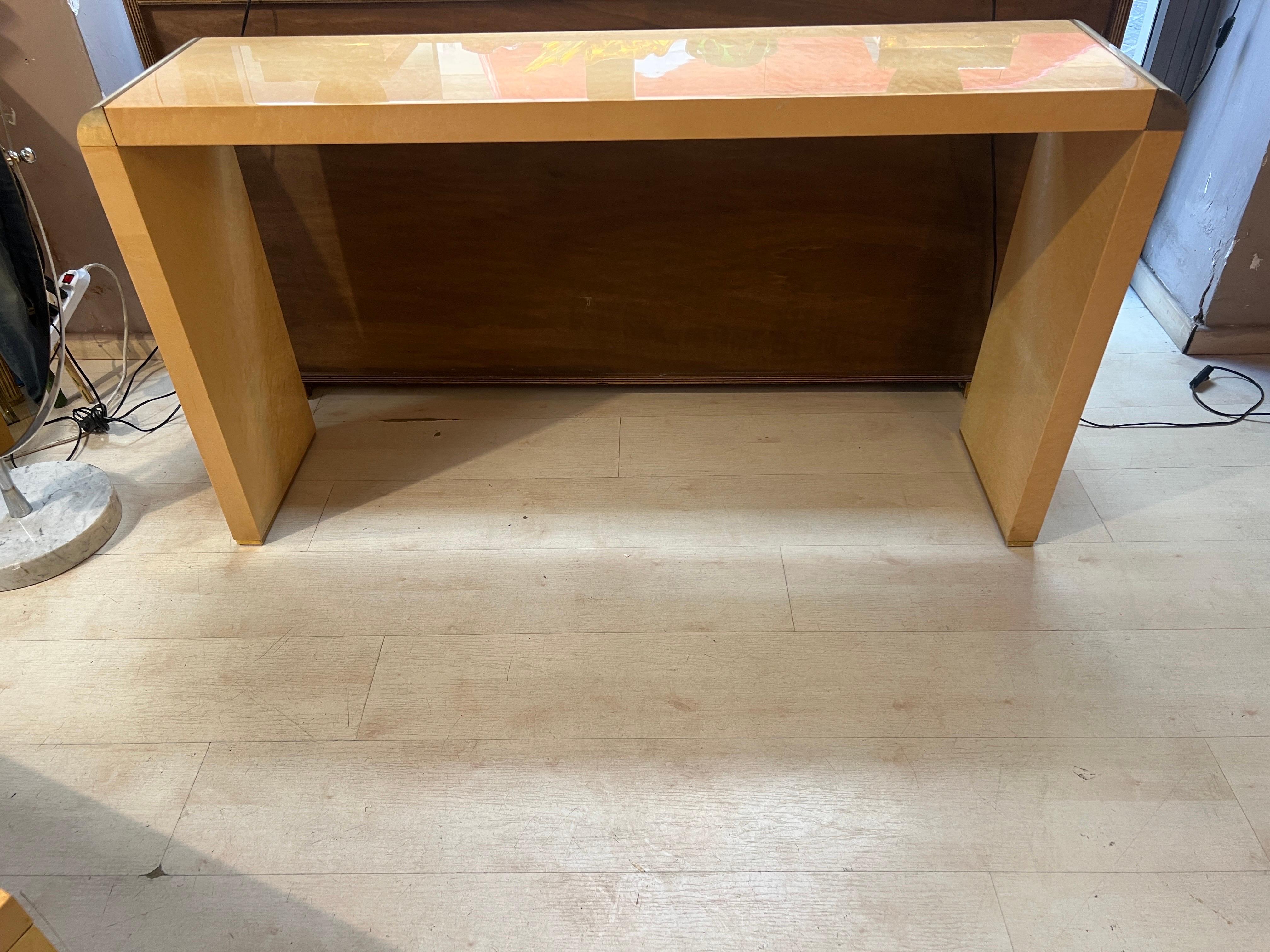 Set of Vintage Birch Burl Console and Coffee Table with Brass Inlays, 1970 For Sale 5