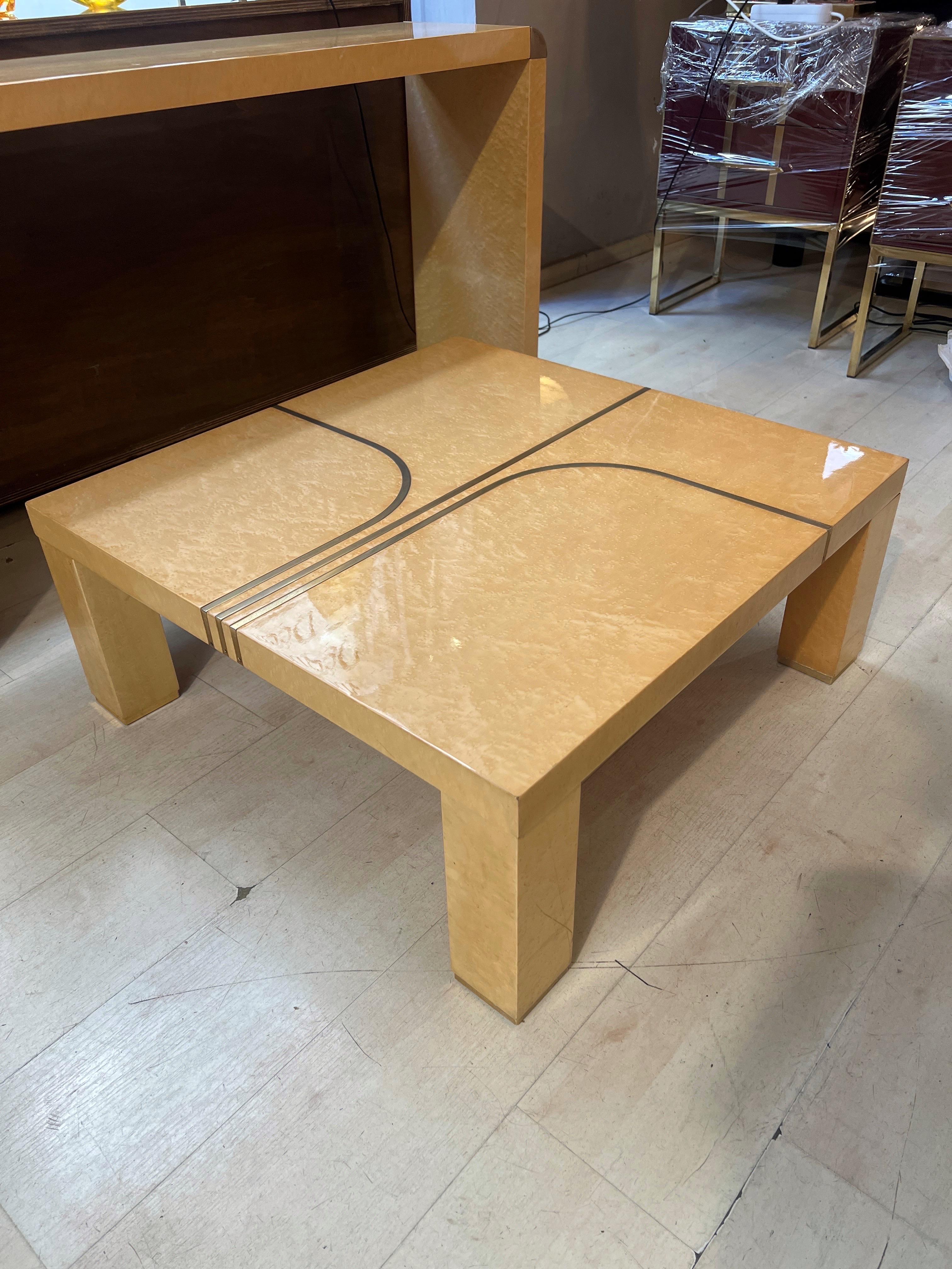 Set of Vintage Birch Burl Console and Coffee Table with Brass Inlays, 1970 For Sale 12