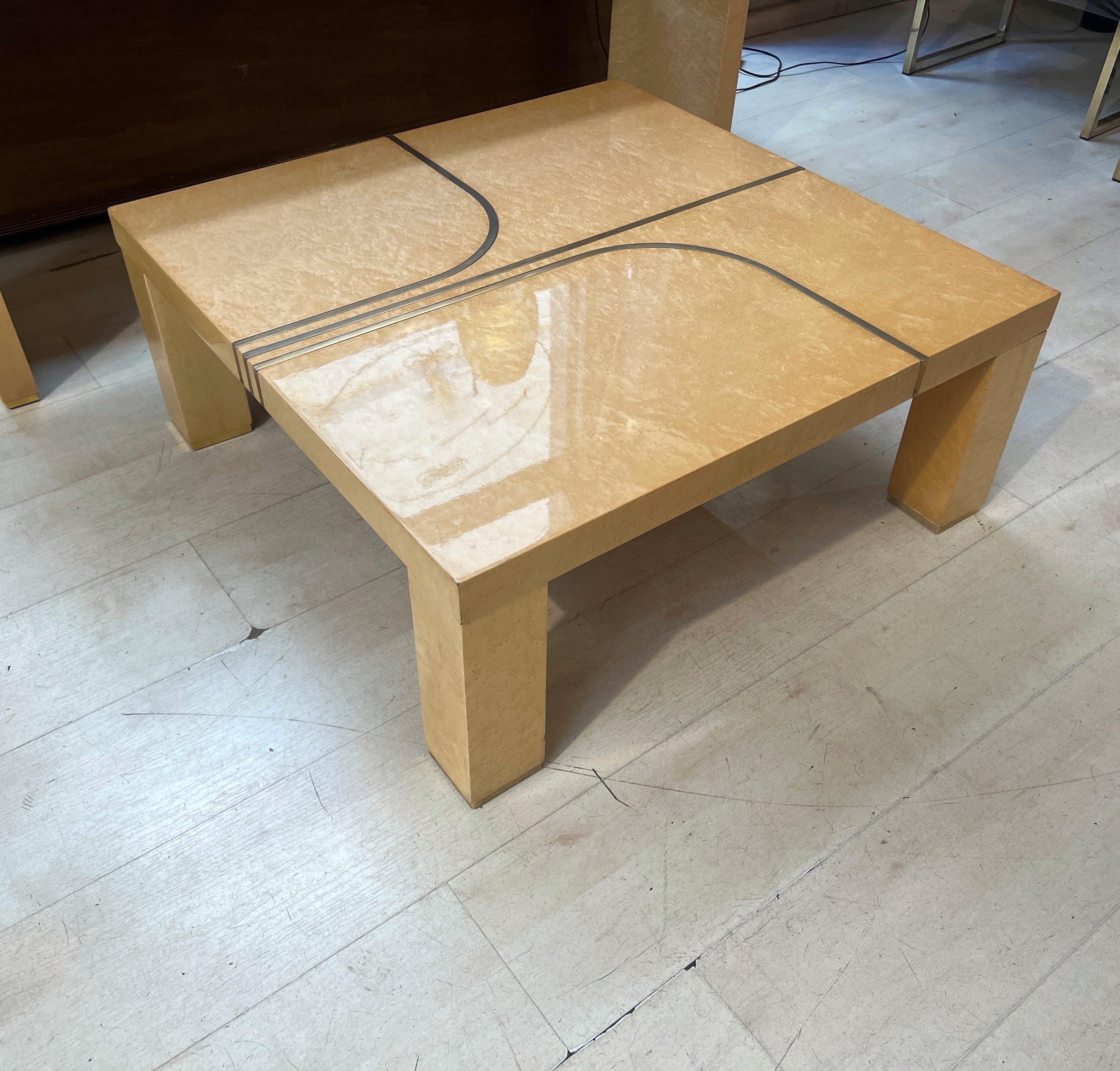 Set of Vintage Birch Burl Console and Coffee Table with Brass Inlays, 1970 For Sale 14