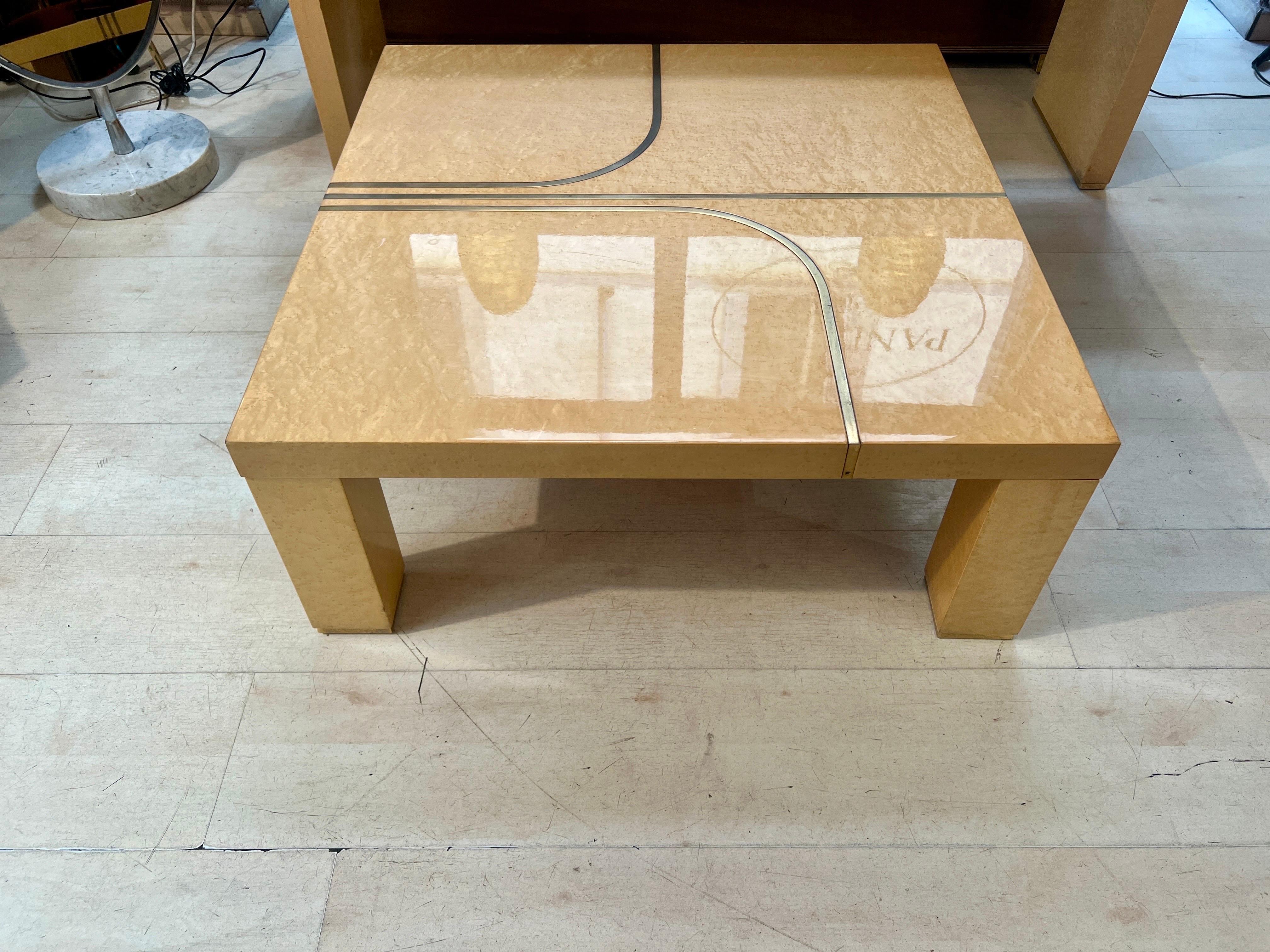 Modern Set of Vintage Birch Burl Console and Coffee Table with Brass Inlays, 1970 For Sale