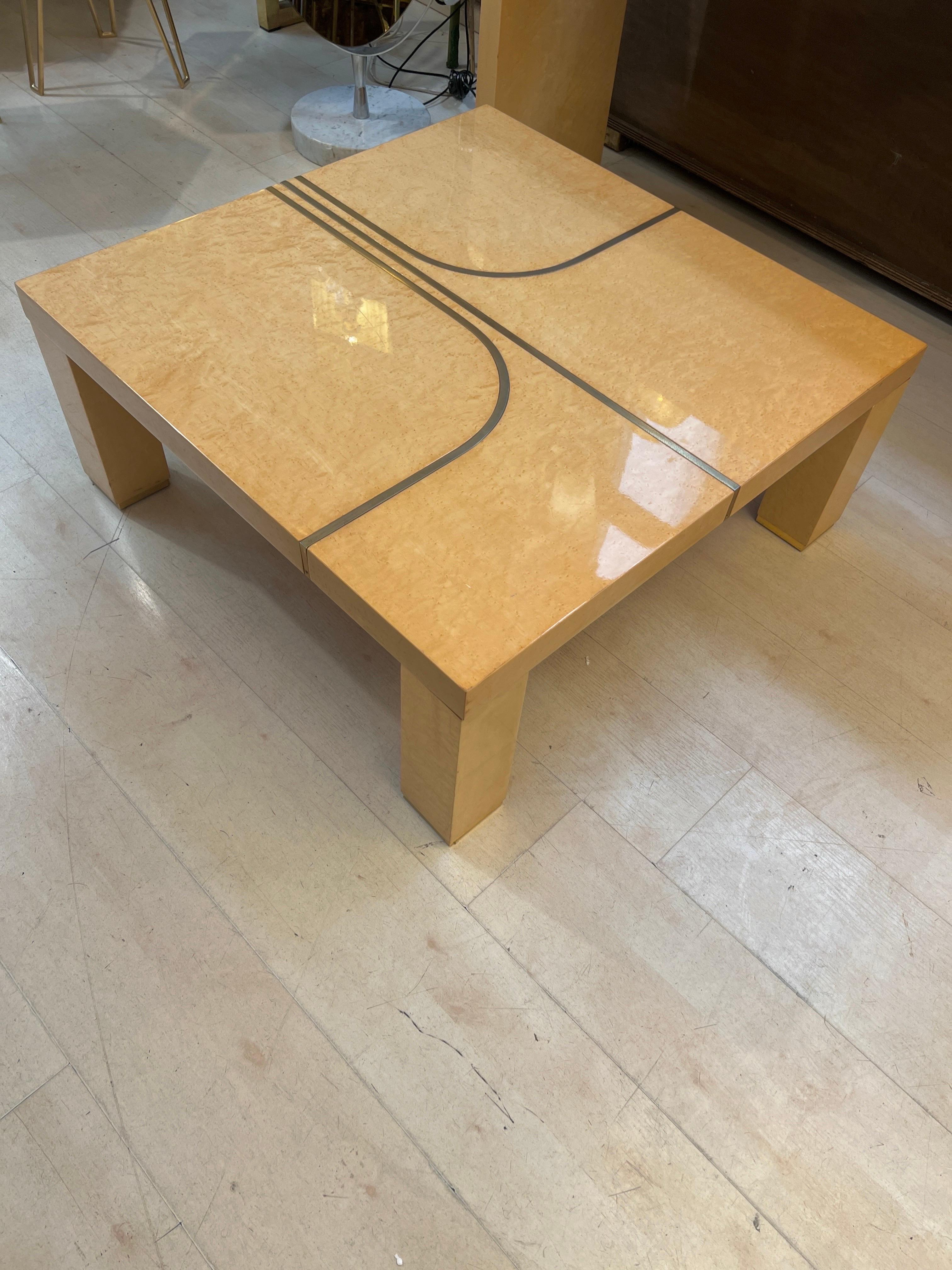 Italian Set of Vintage Birch Burl Console and Coffee Table with Brass Inlays, 1970 For Sale