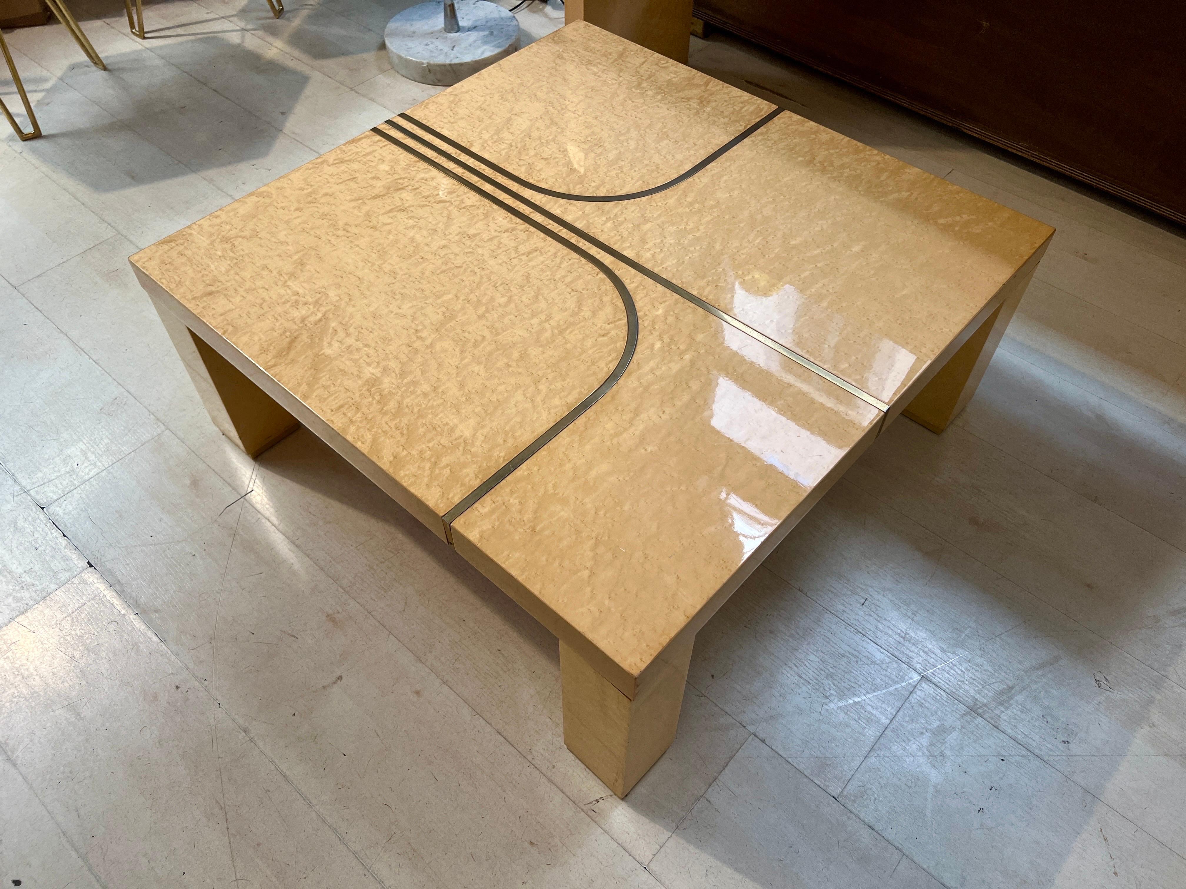Set of Vintage Birch Burl Console and Coffee Table with Brass Inlays, 1970 In Good Condition For Sale In Florence, IT