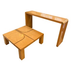 Set of Vintage Birch Burl Console and Coffee Table with Brass Inlays, 1970