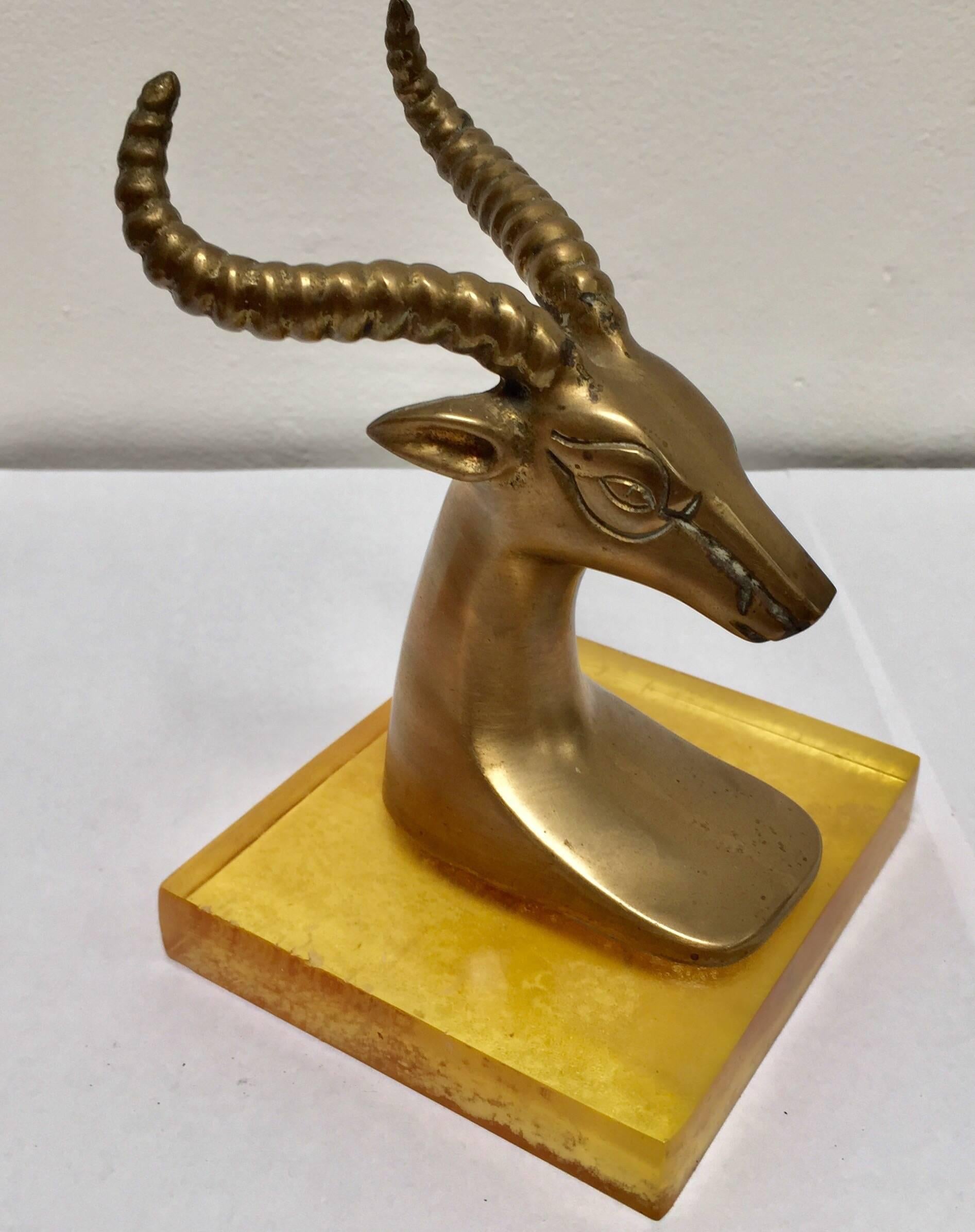 Set of Vintage Brass Antelope Bookends on Lucite Stand 3