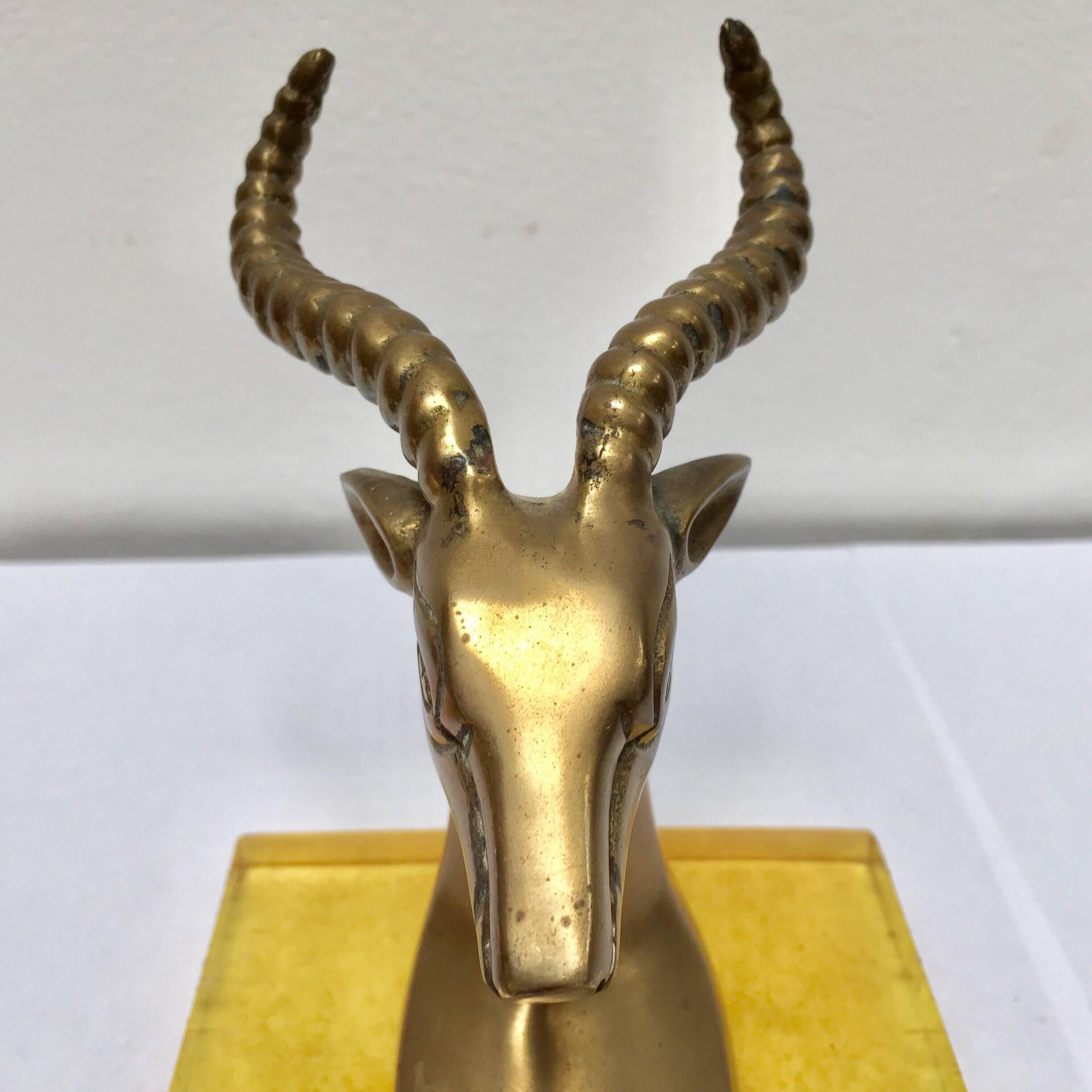 Set of Vintage Brass Antelope Bookends on Lucite Stand 6