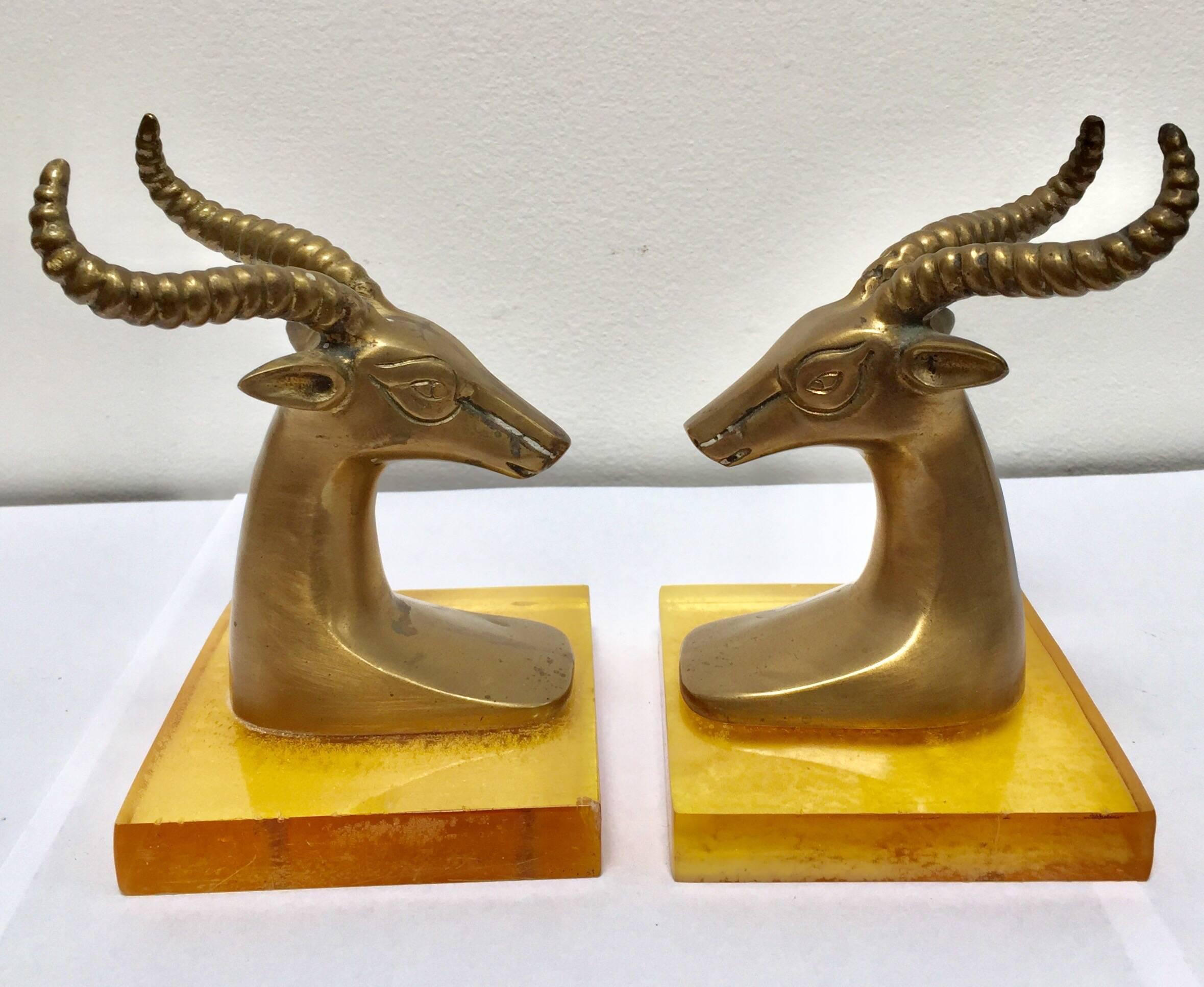 Set of Vintage Brass Antelope Bookends on Lucite Stand 12