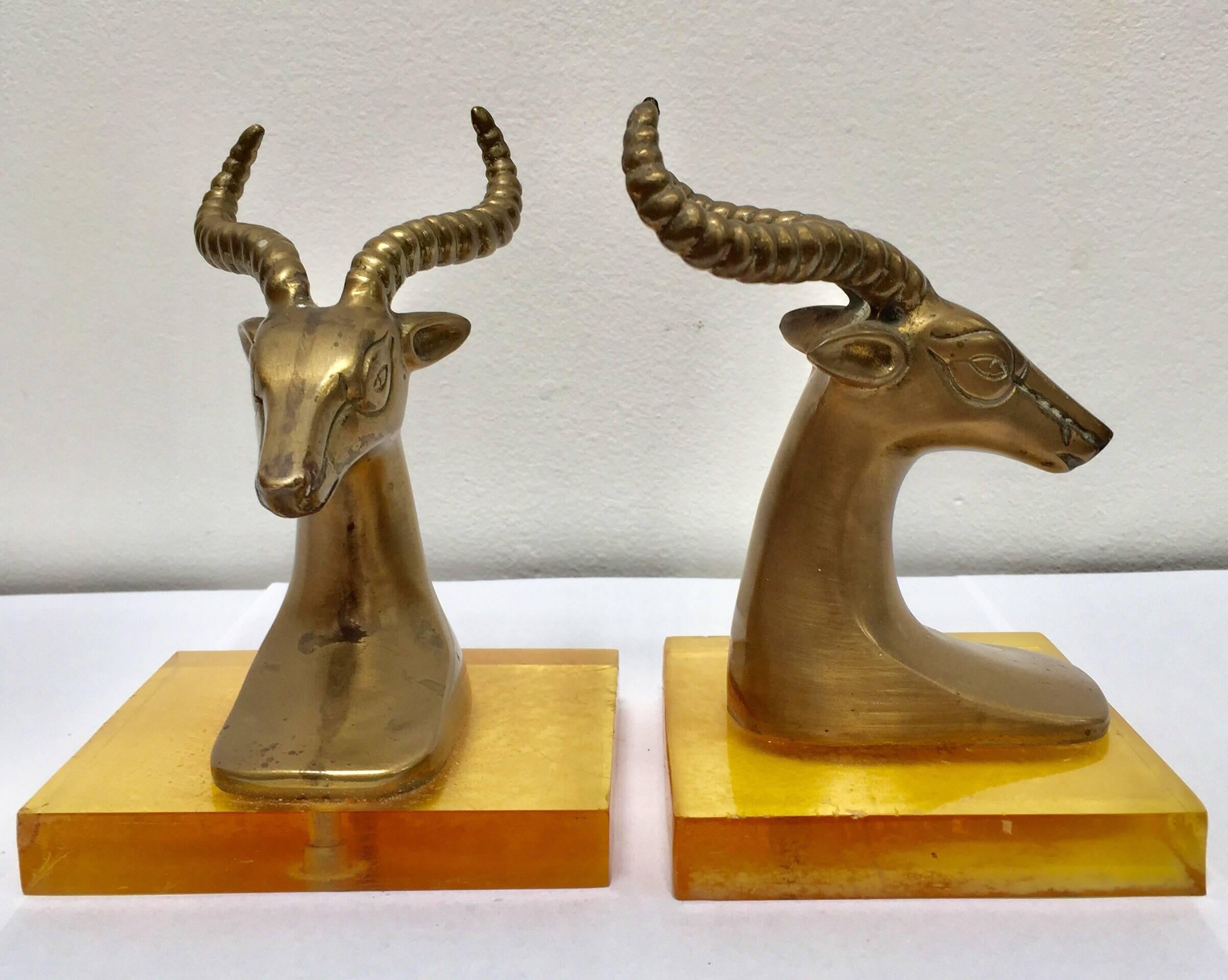 Mid-Century Modern Set of Vintage Brass Antelope Bookends on Lucite Stand