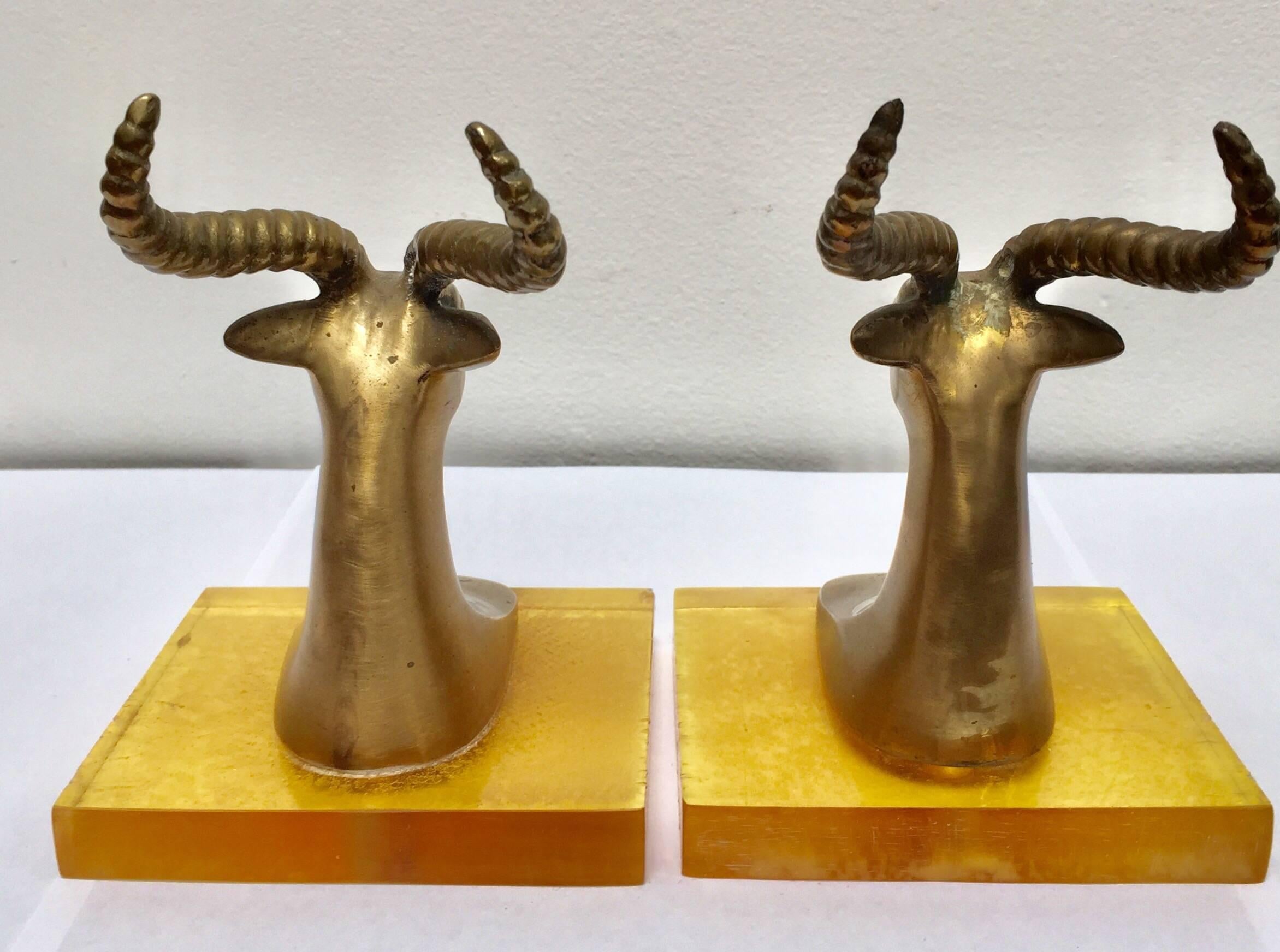 Hand-Crafted Set of Vintage Brass Antelope Bookends on Lucite Stand