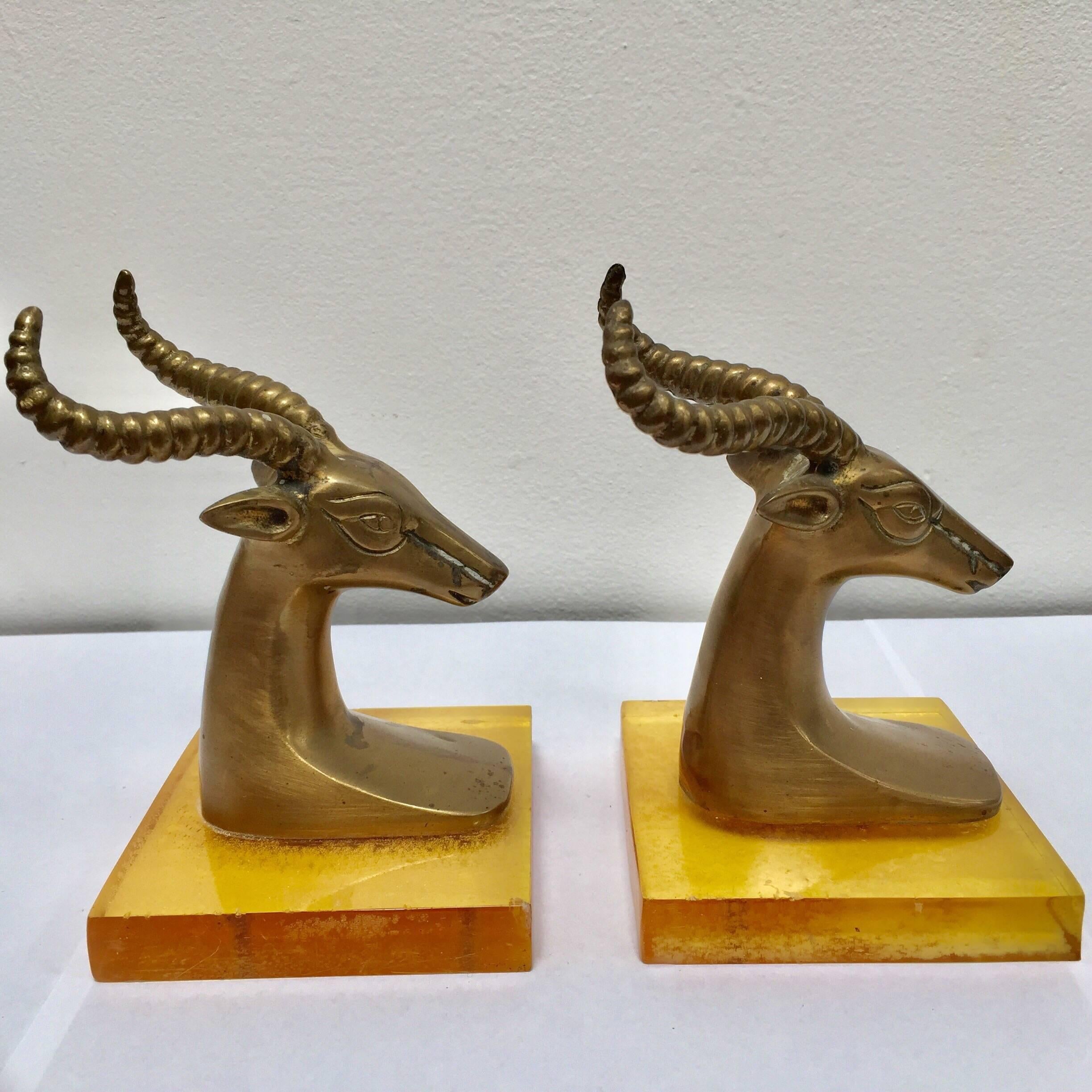 Set of Vintage Brass Antelope Bookends on Lucite Stand In Good Condition In North Hollywood, CA