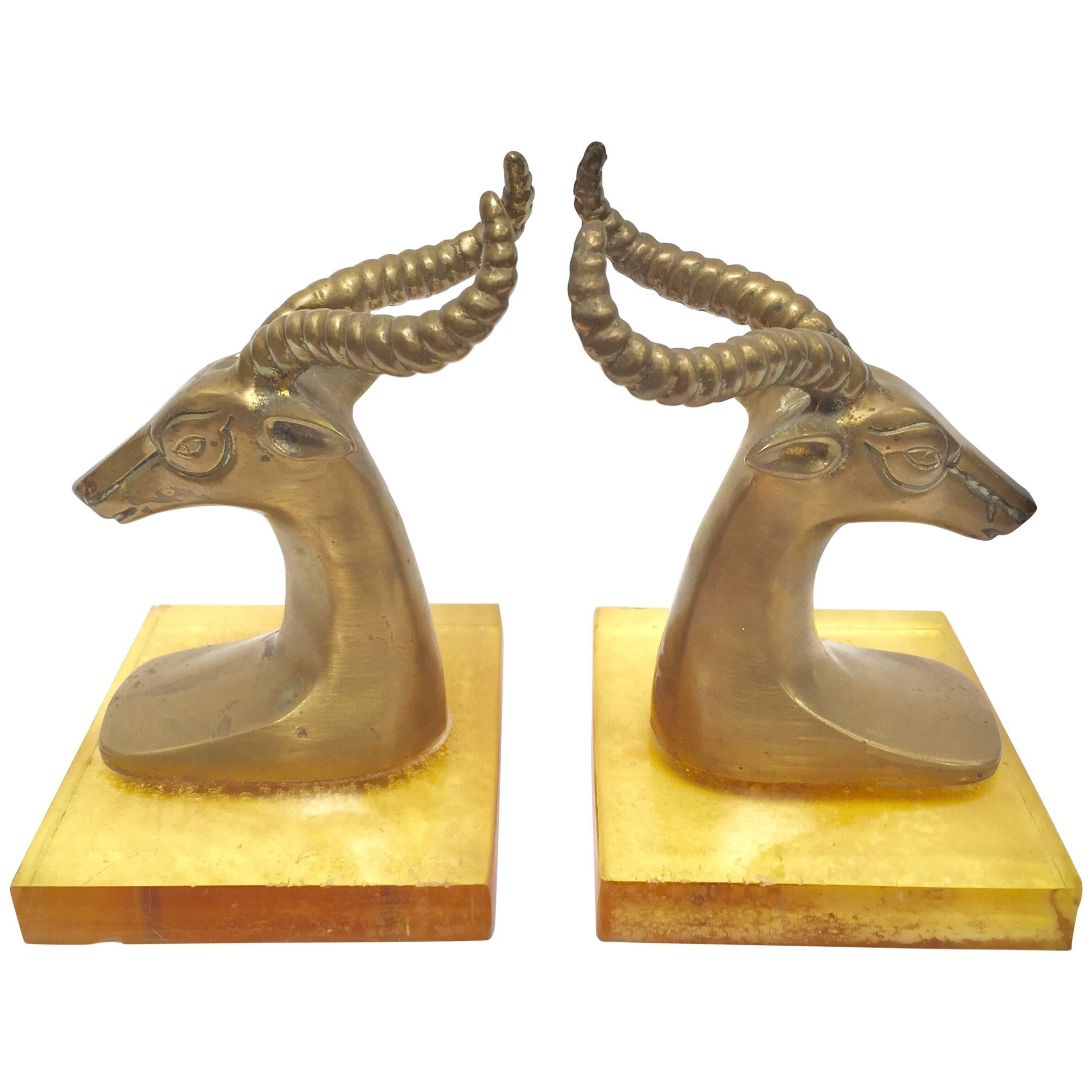 Set of Vintage Brass Antelope Bookends on Lucite Stand