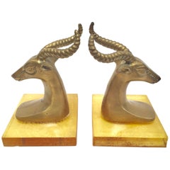 Set of Vintage Brass Antelope Bookends on Lucite Stand