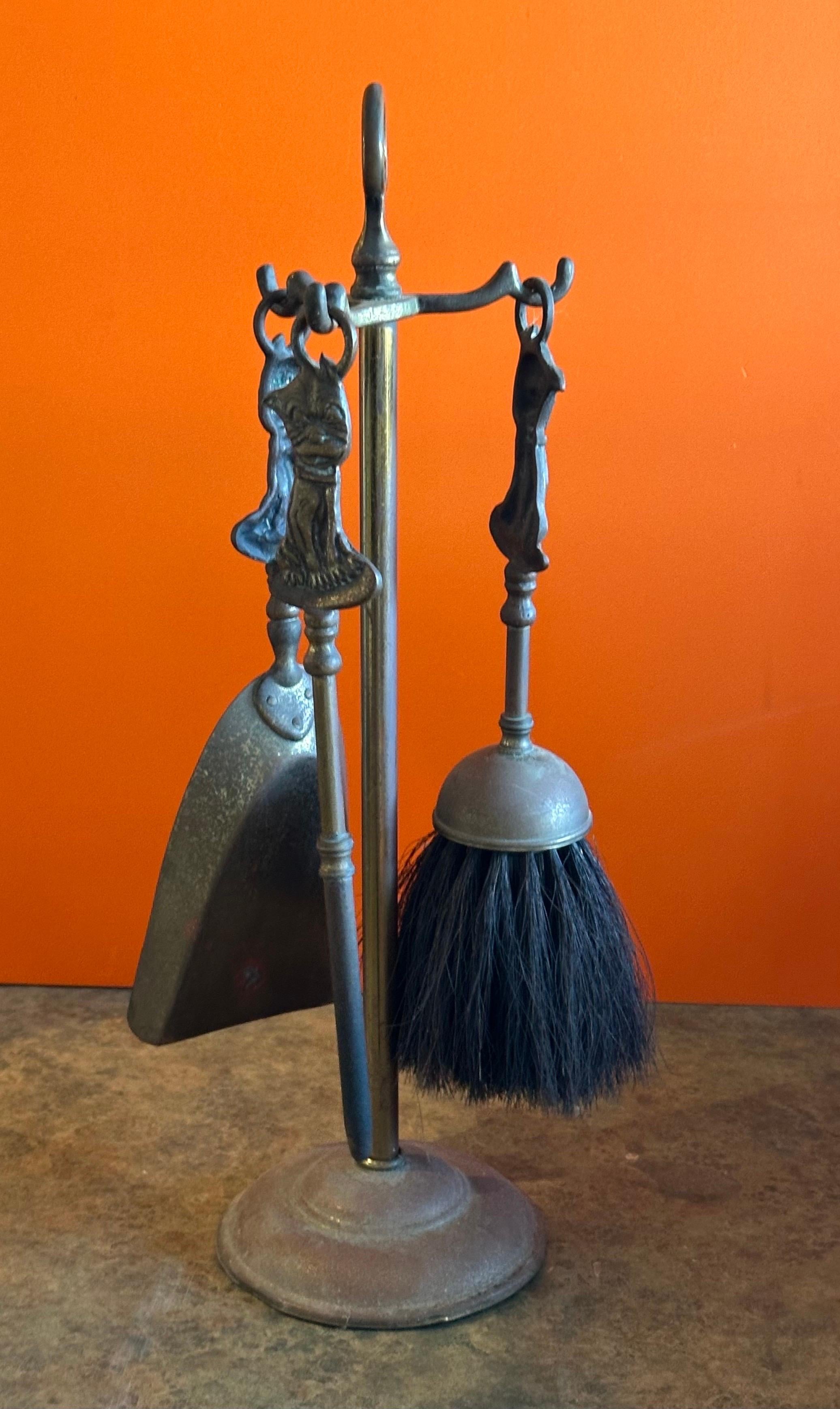 Cast Set of Vintage Brass Fireplace Tools with 
