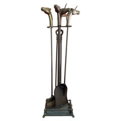 Set d'outils de cheminée vintage en laiton avec poignées cheval / licorne et Stand