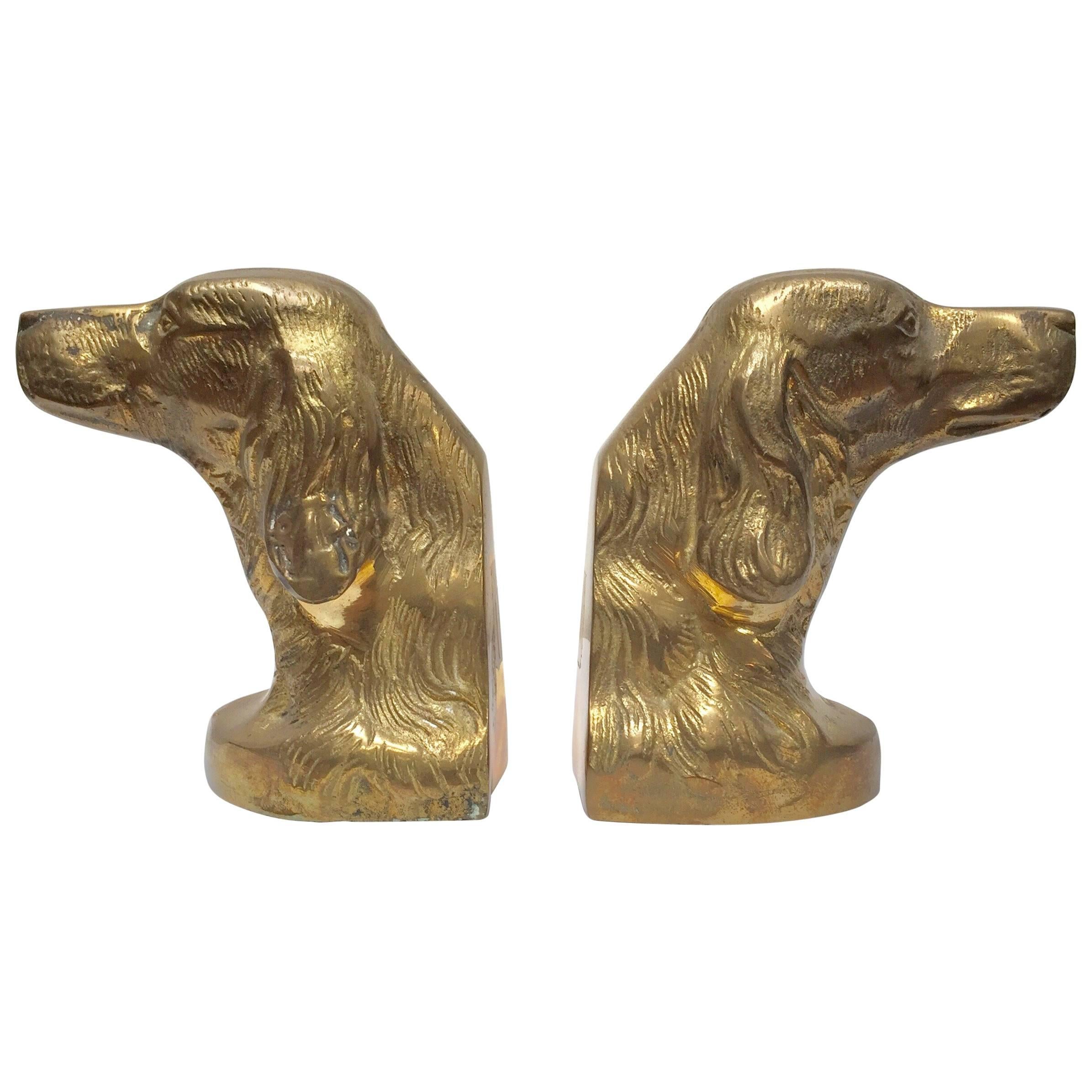Set of Vintage Cast Brass Sculpture of Beagle Dog Bust Bookends