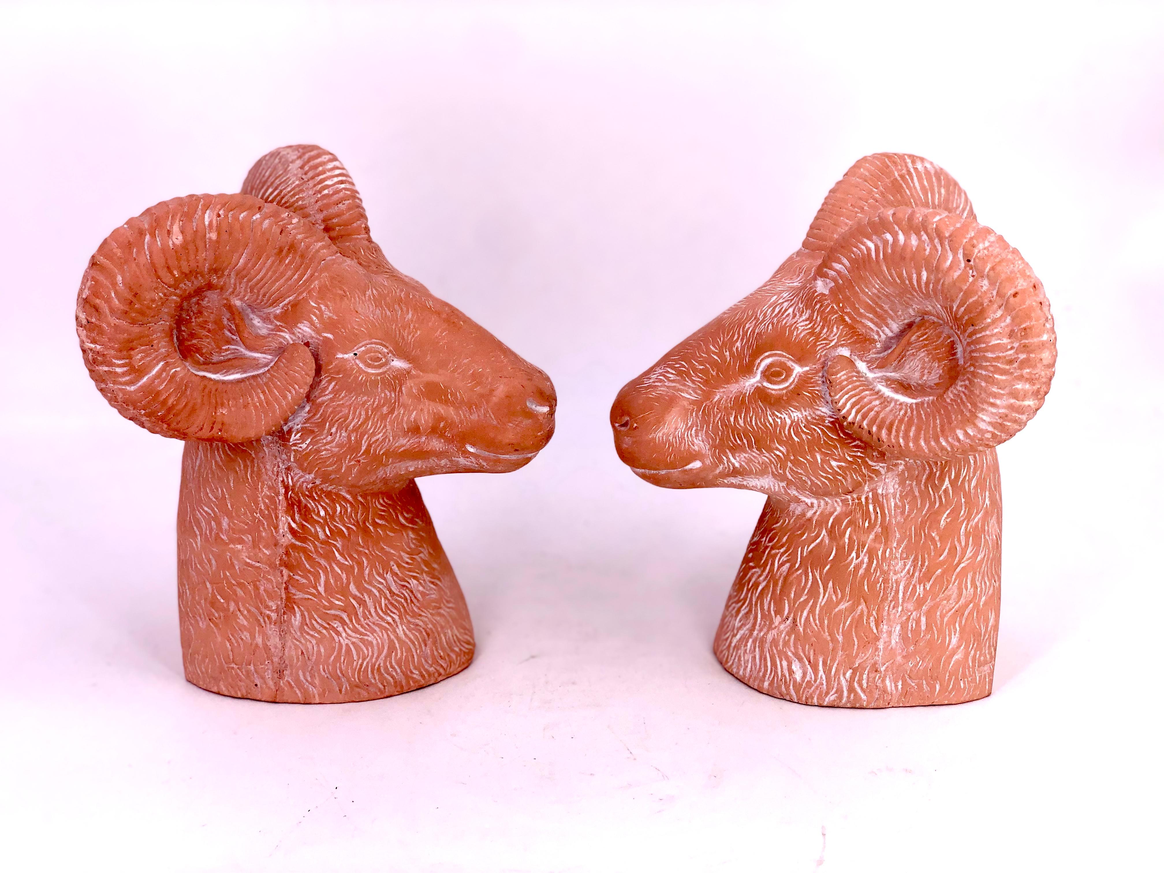 Hollywood Regency Set of Vintage Ceramic Rams Heads Bookends