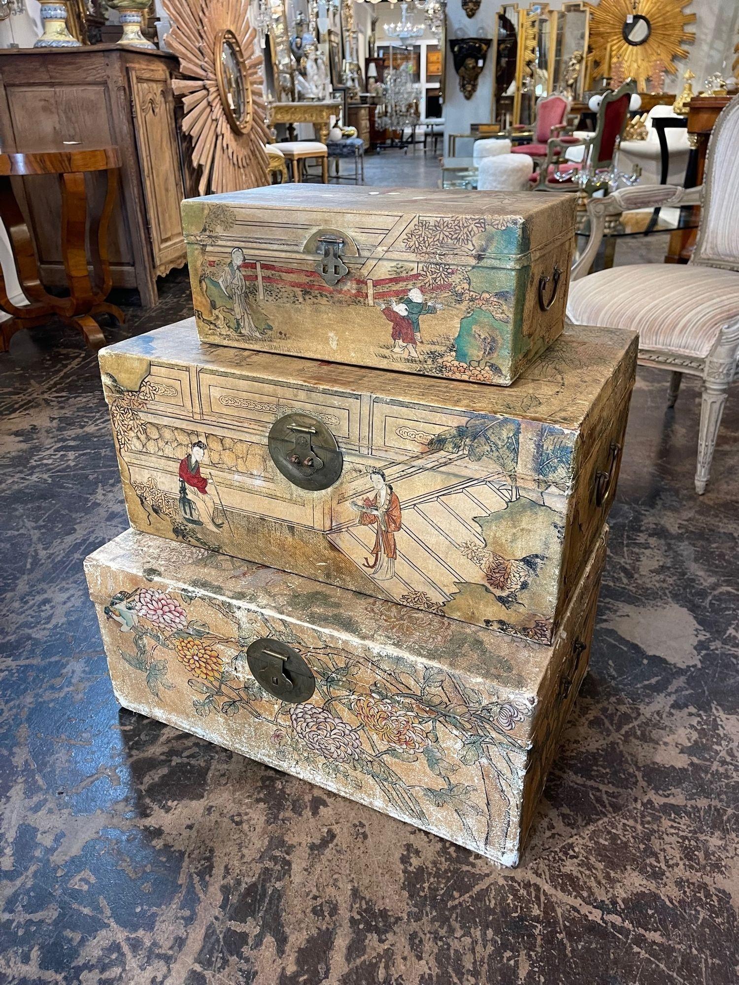 Lovely set of vintage Chinese painted vellum wedding boxes. Beautiful Asian images and very nice patina. A fabulous accessory!