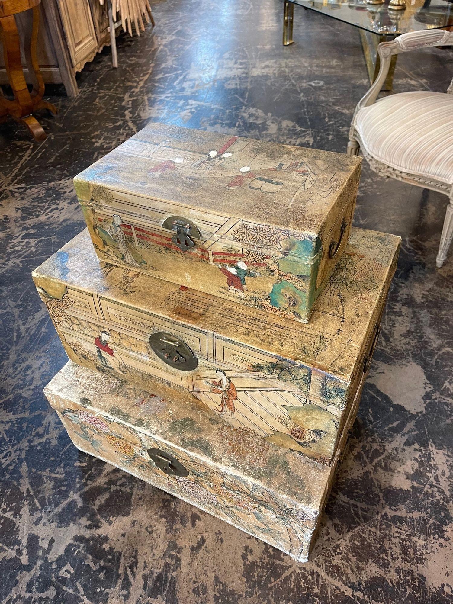 Set of Vintage Chinese Painted Vellum Wedding Boxes In Good Condition In Dallas, TX