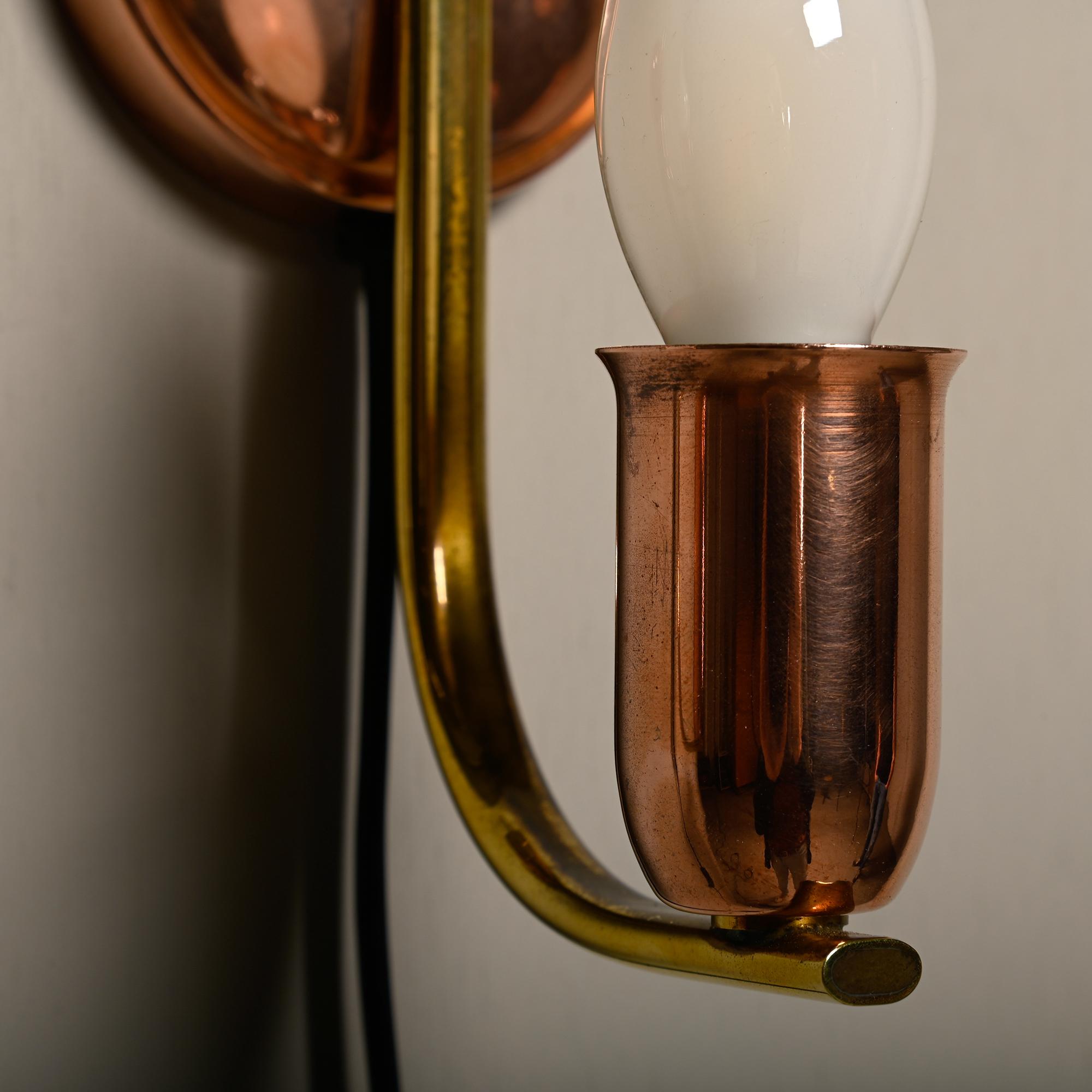 Set of vintage Danish Modern Brass and Copper Wall Sconces, 1950's For Sale 5