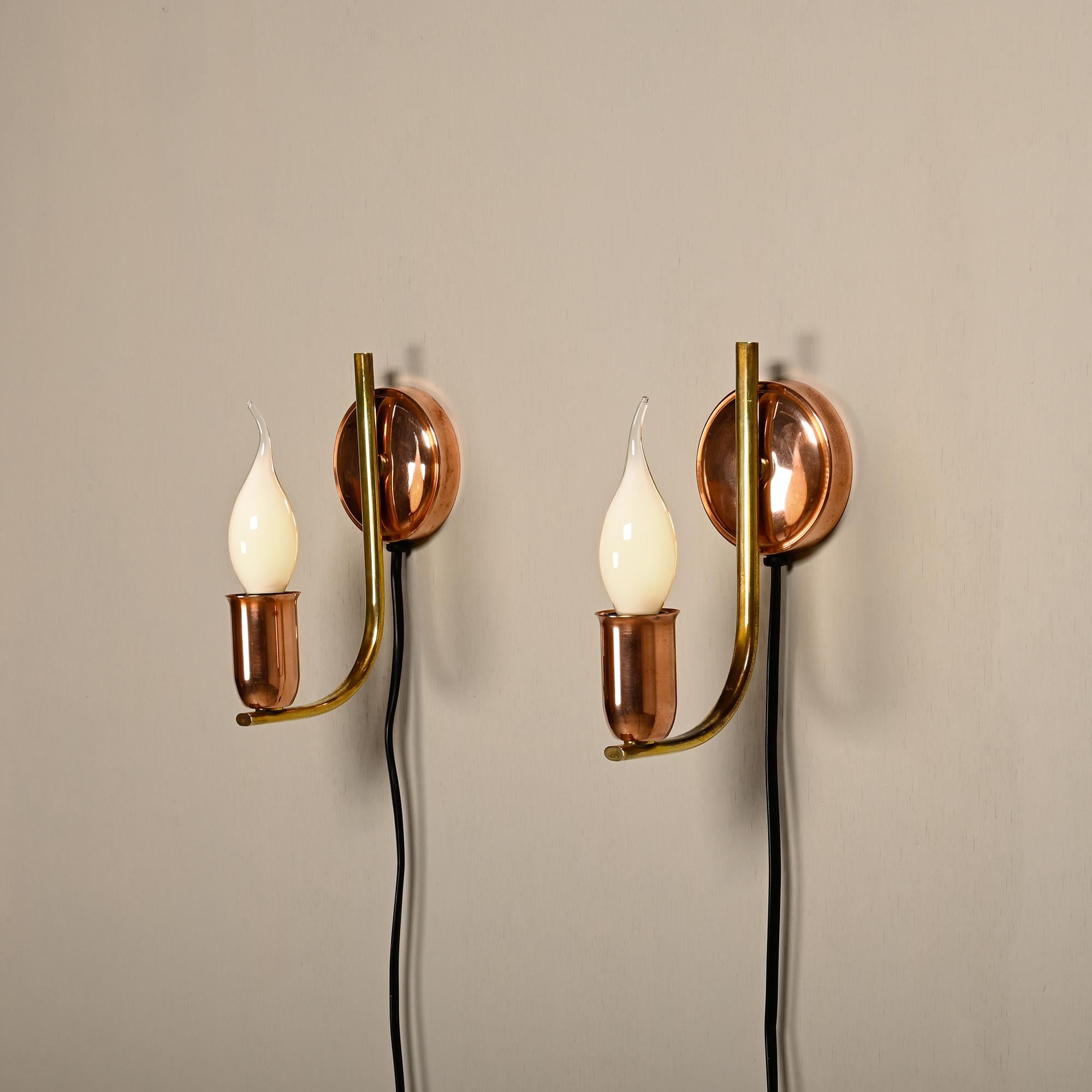 Scandinavian Modern Set of vintage Danish Modern Brass and Copper Wall Sconces, 1950's For Sale