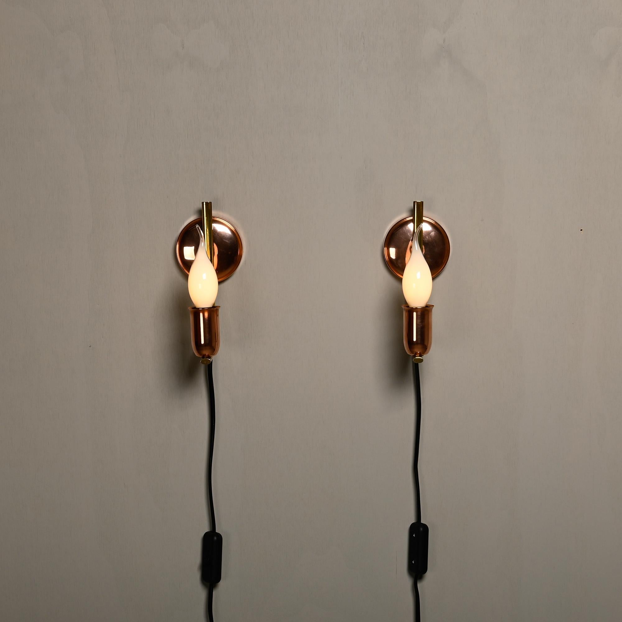 Set of vintage Danish Modern Brass and Copper Wall Sconces, 1950's For Sale 1