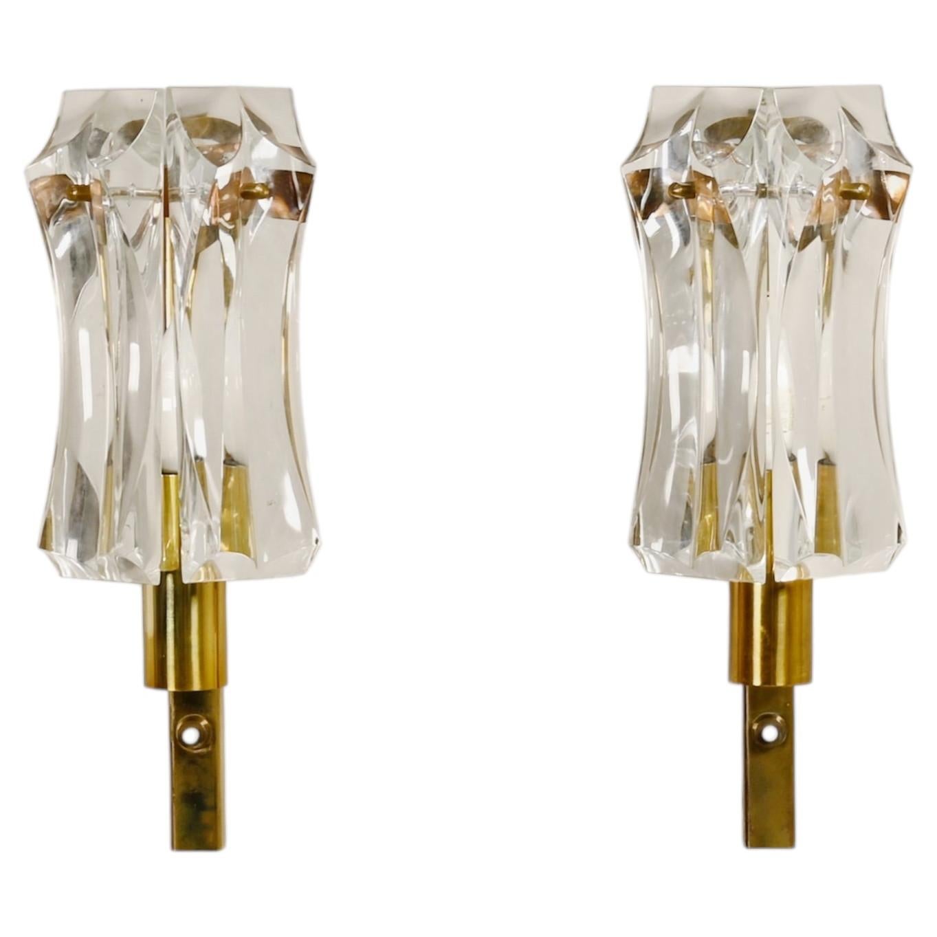 Set of vintage Danish Modern Brass and Glass Wall Sconces, 1970's