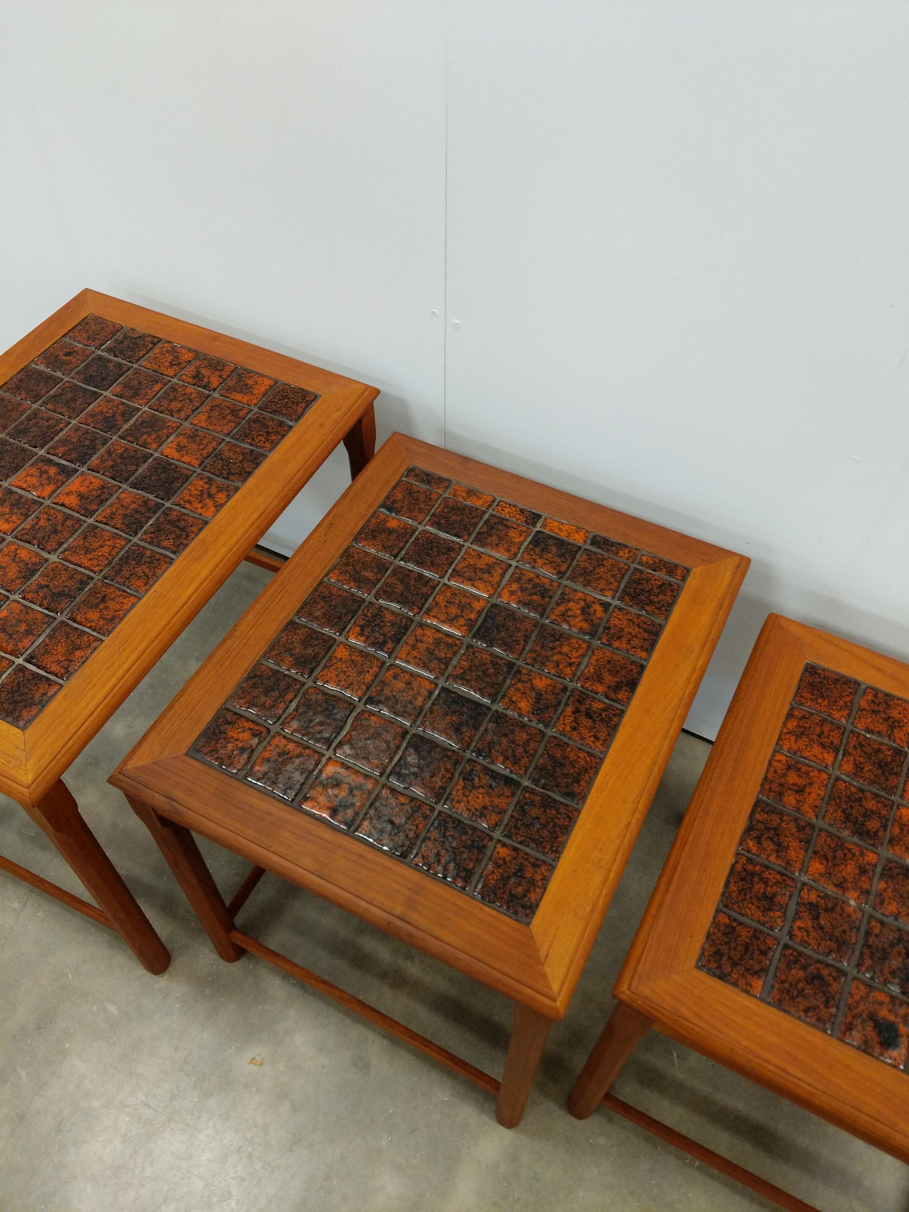 20th Century Set of Vintage Danish Modern Teak and Tile Nesting Tables For Sale