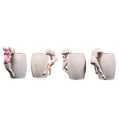 Set of, Vintage Decorative Barrel Mugs, Japanese, Ceramic Cup, Female Figures