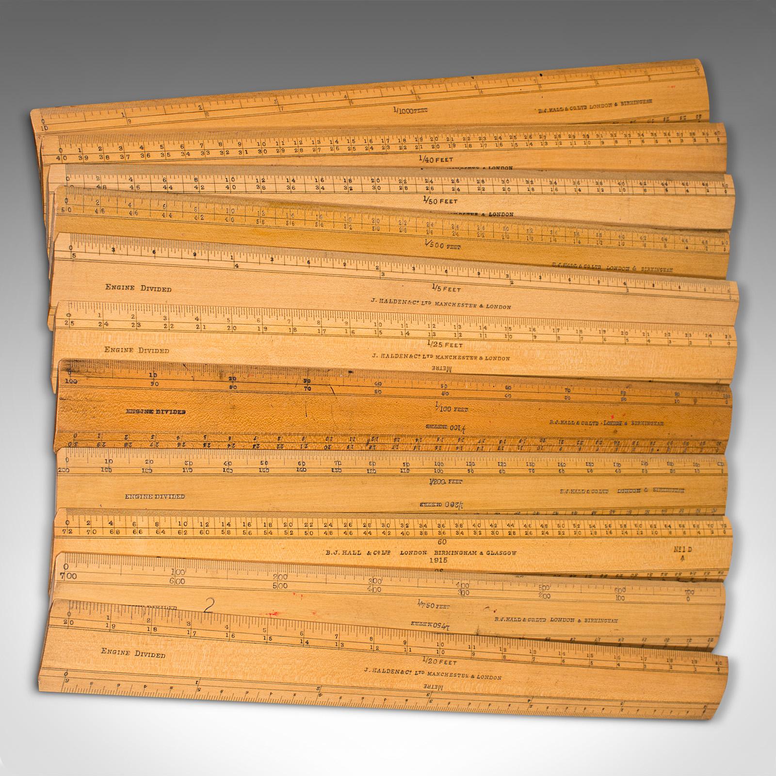 Beech Set of Vintage Draughtsman's Rules, English, Engineer's Instruments, circa 1930 For Sale