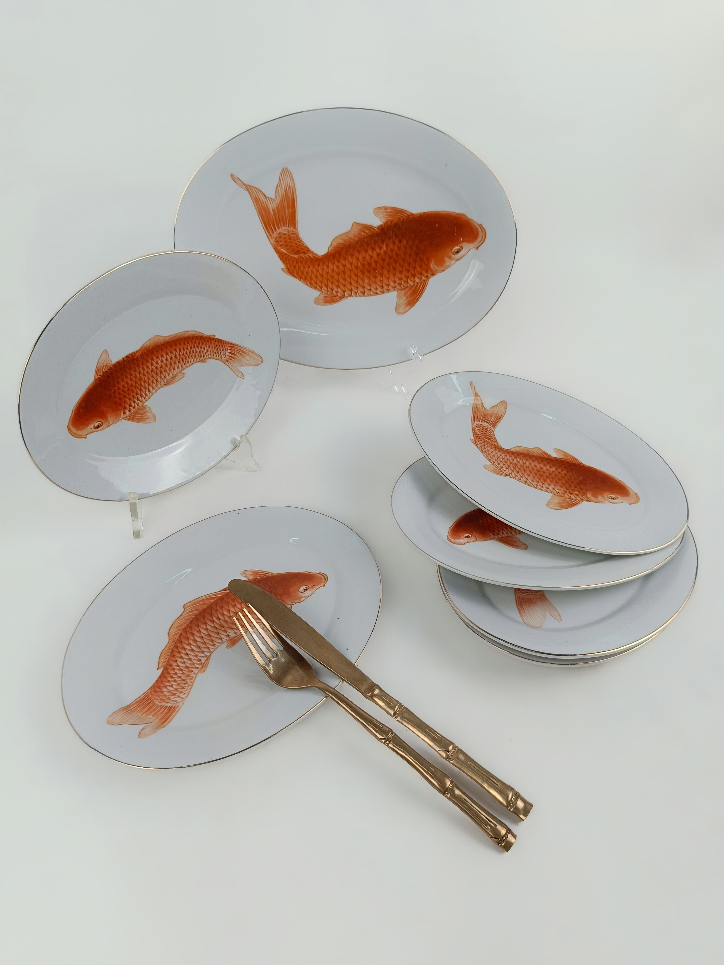 Set of Vintage Fish Service Plates in Bavarian Porcelain with Japanese decor For Sale 3