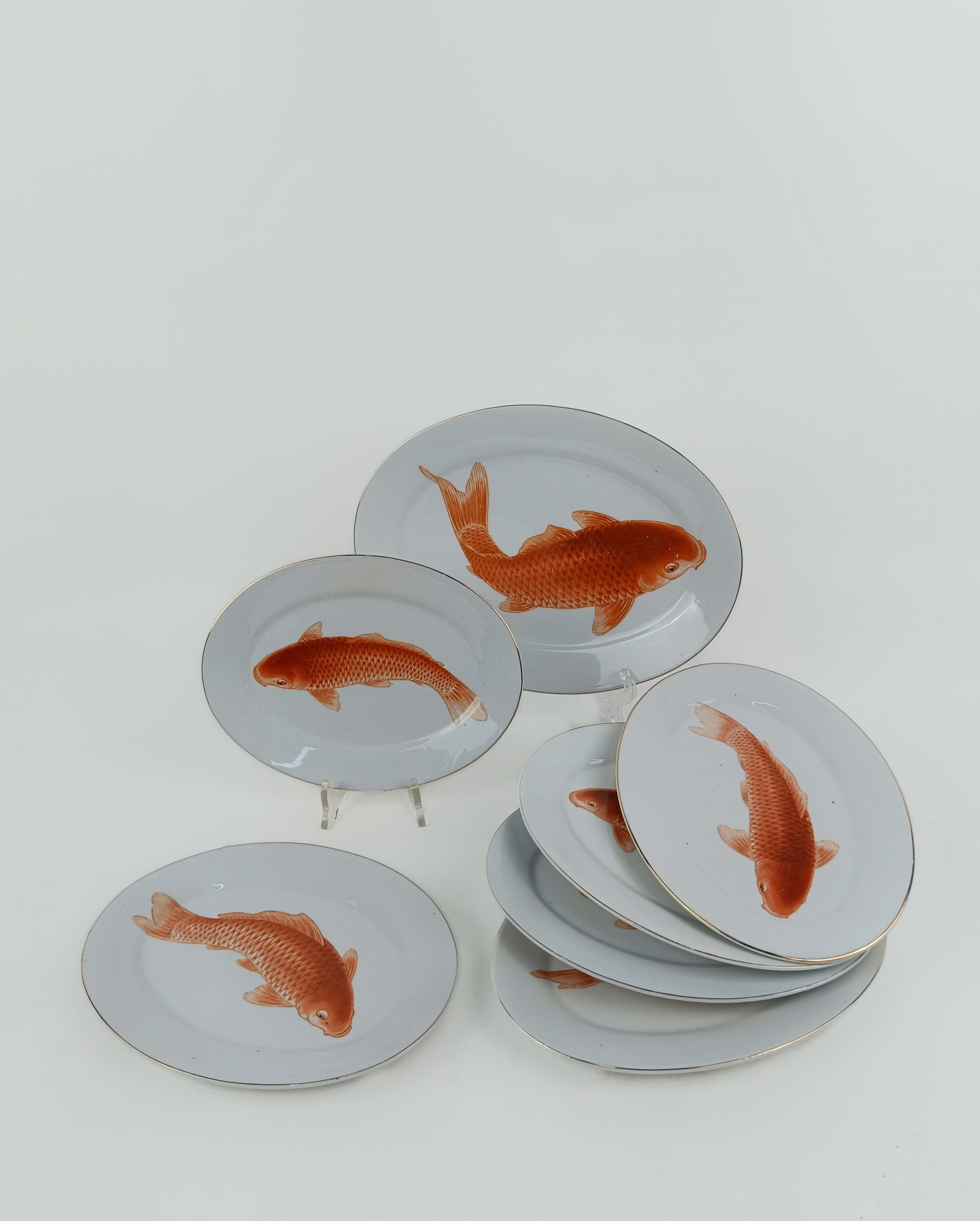Ensemble d'assiettes de service à poisson vintage en porcelaine bavaroise avec décor japonais