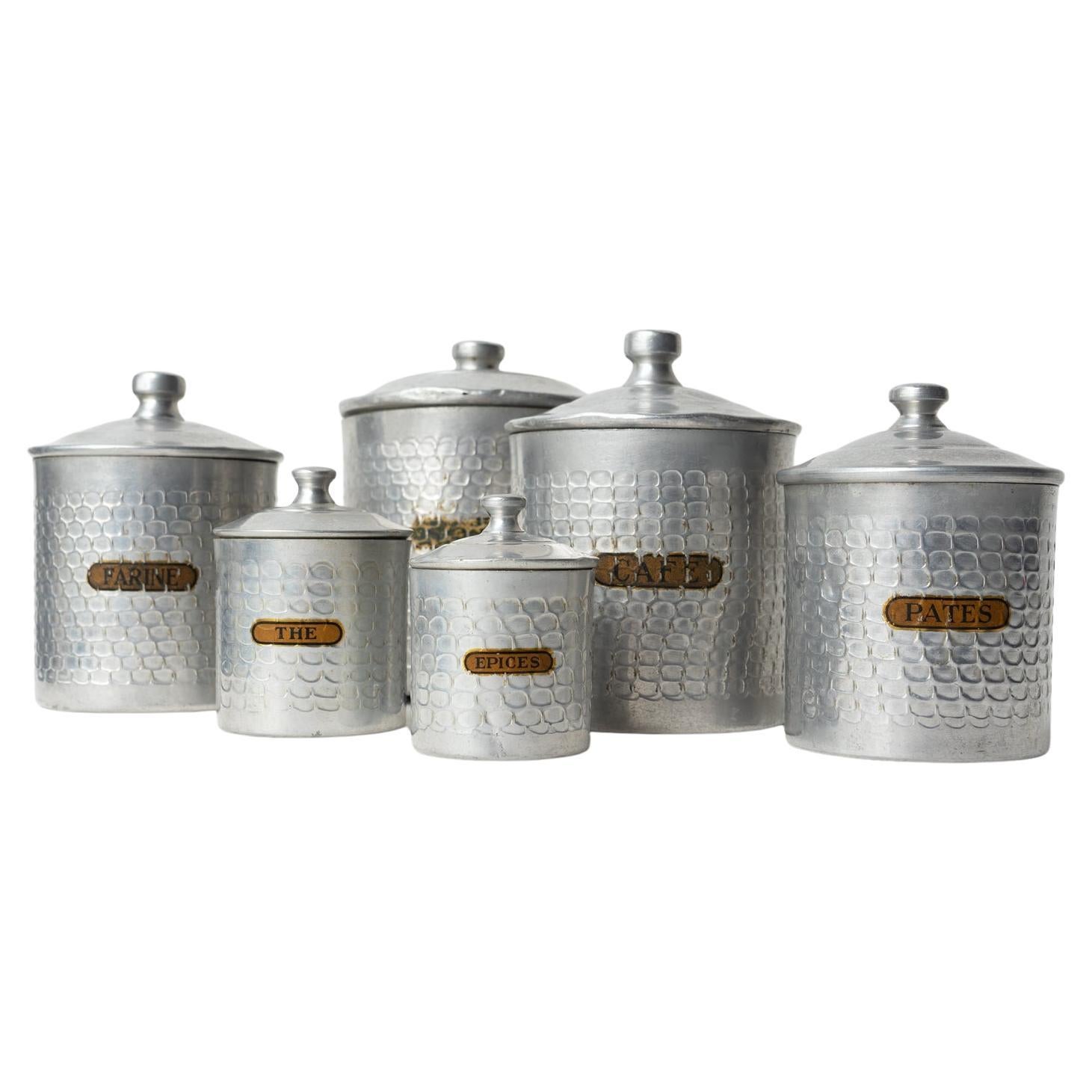 Set Of Vintage French Art Deco Graduating Aluminium Storage Jar Canisters, 1930s