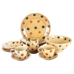 Set of Antique French Faience Dinnerware in Polka Dot Pattern