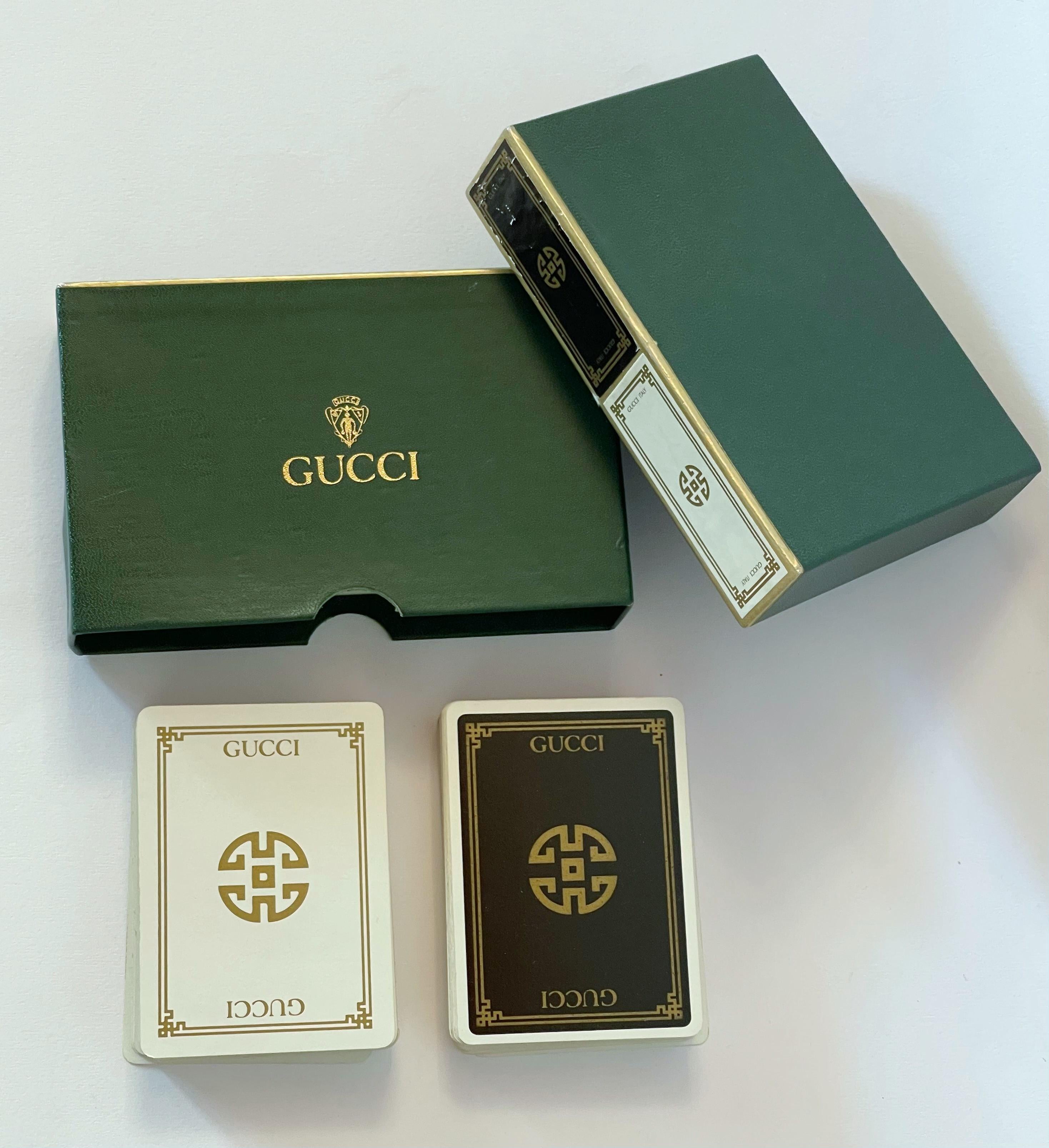 Rare Gucci vintage set of poker playing cards including 2 decks of cards and original box / Made in Italy
Width: 6 inches / Depth: 4 inches / Height: 1.5 inches
1 set available in stock in Italy
Order reference #: FABIOLTD G029