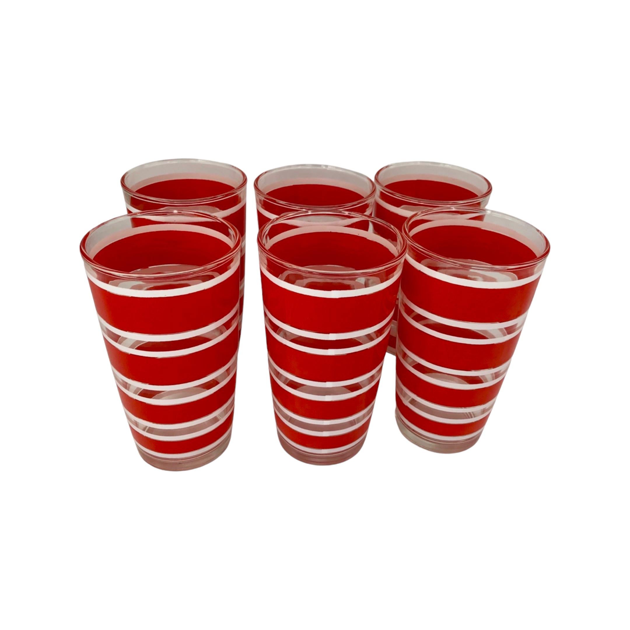 Set of 6 Vintage Hazel Atlas Red and White Banded Tumblers in Metal Caddy. Glasses measure 5 1/8