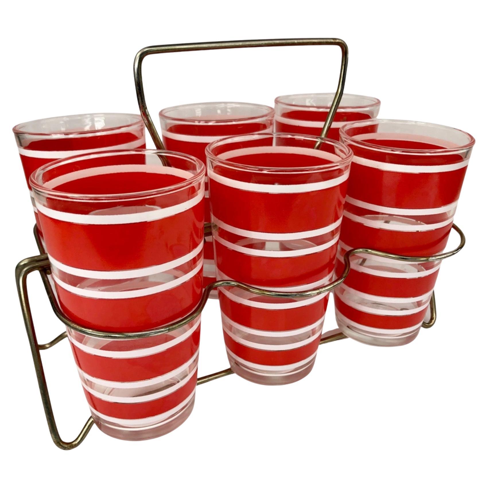 Set of Vintage Hazel-Atlas Red and White Banded High Ball Glasses in Metal Caddy For Sale